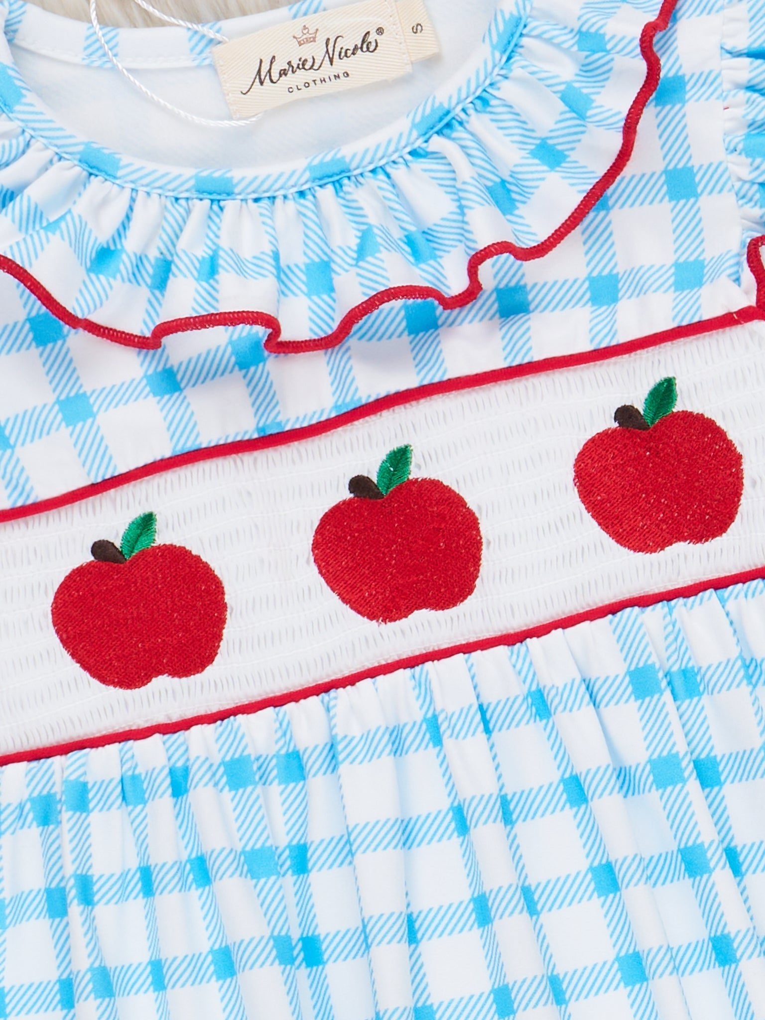 Blue Plaid Smocked Apple Ruffle Dress - Marie Nicole Clothing