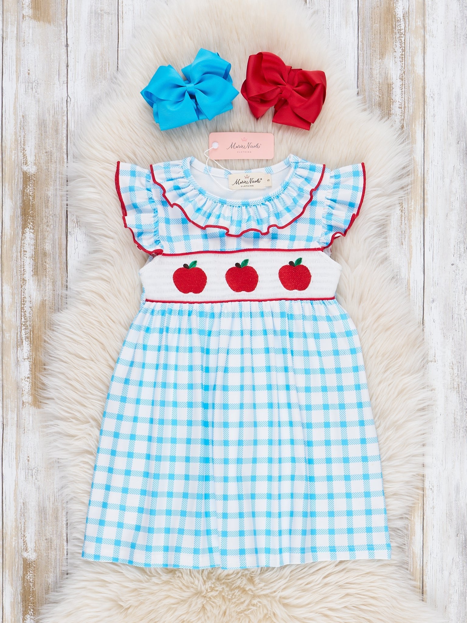Blue Plaid Smocked Apple Ruffle Dress - Marie Nicole Clothing