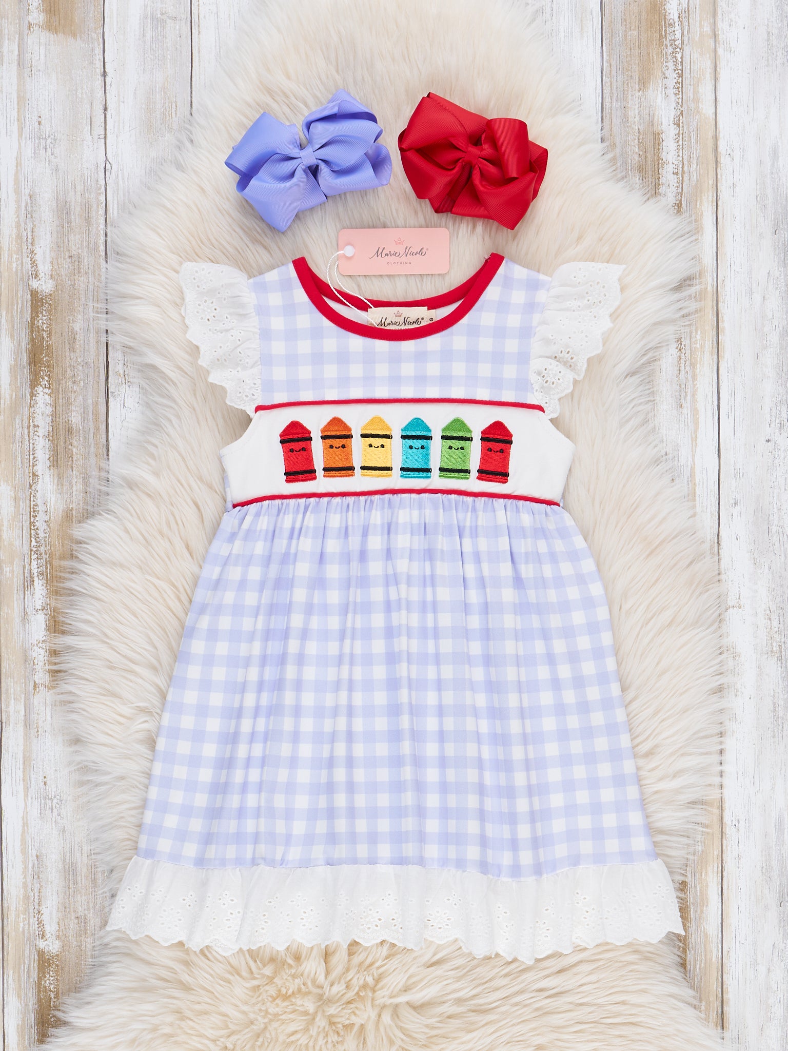Bright Crayons Embroidered Gingham Dress - Marie Nicole Clothing
