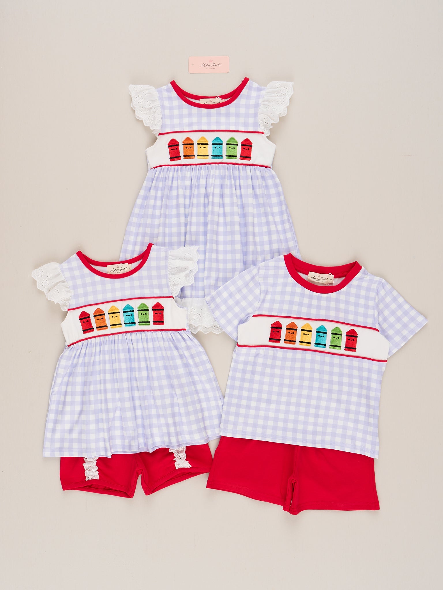Bright Crayons Embroidered Gingham Dress - Marie Nicole Clothing