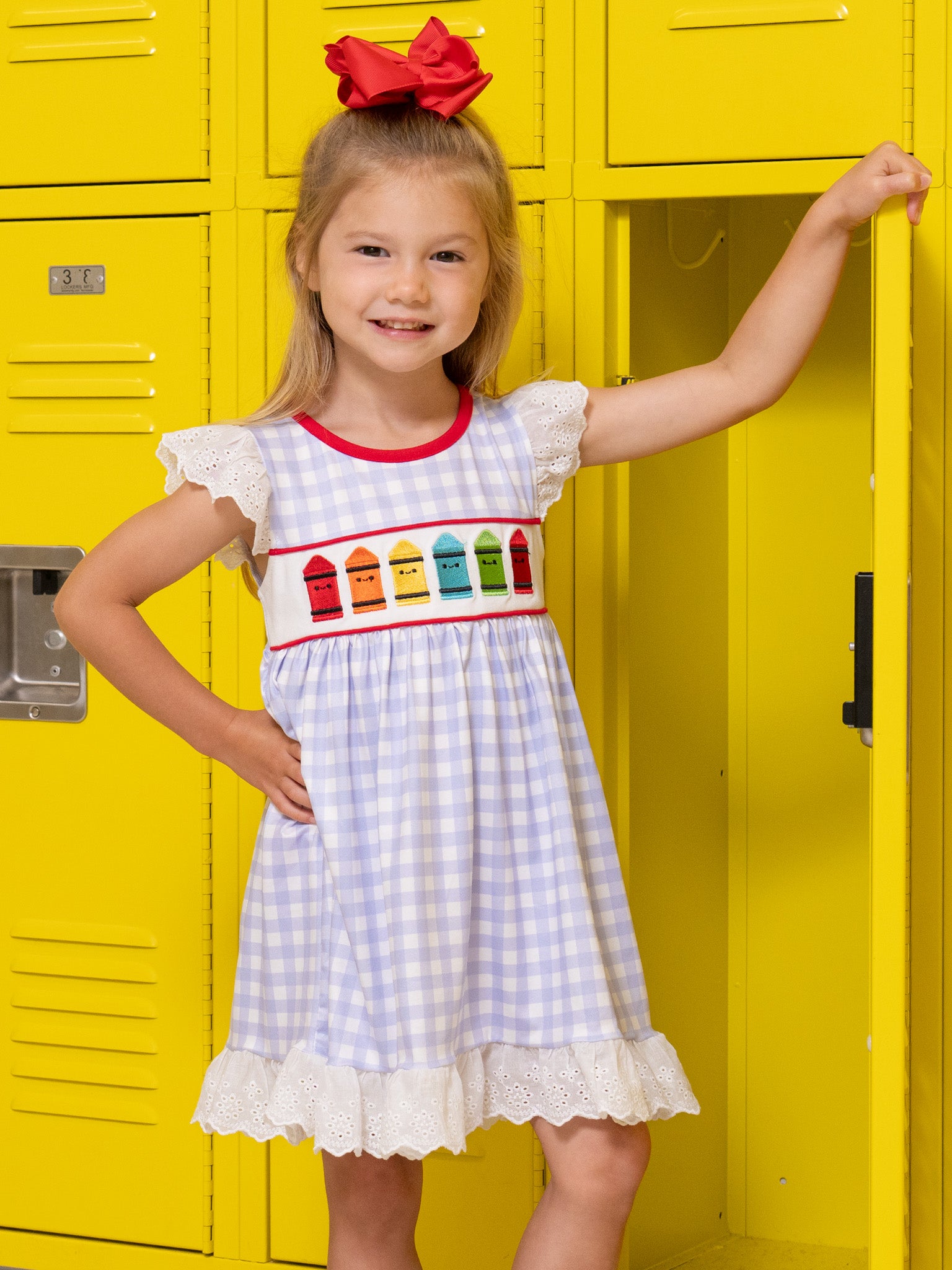 Bright Crayons Embroidered Gingham Dress - Marie Nicole Clothing