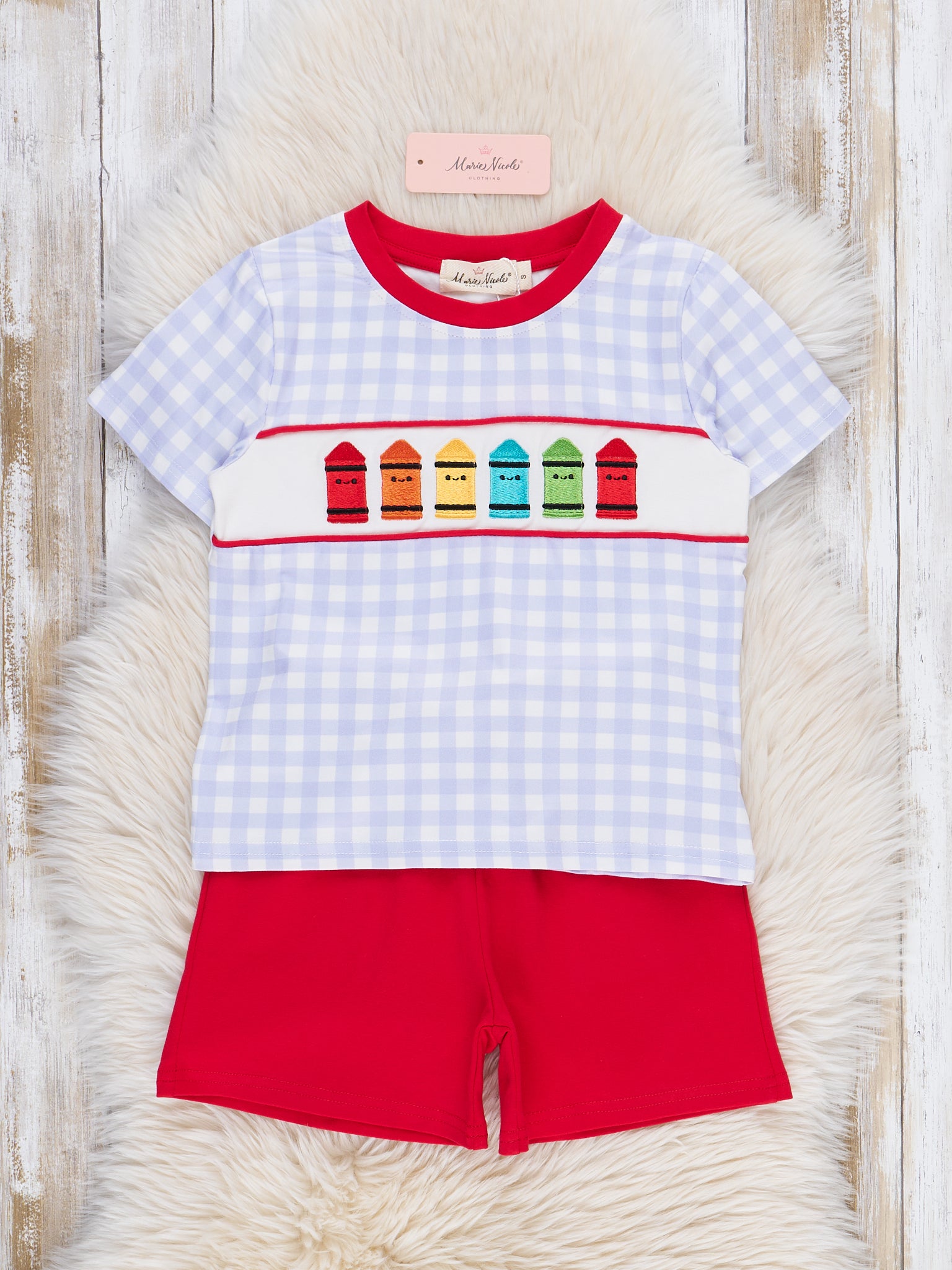 Bright Crayons Embroidered Gingham Outfit - Marie Nicole Clothing