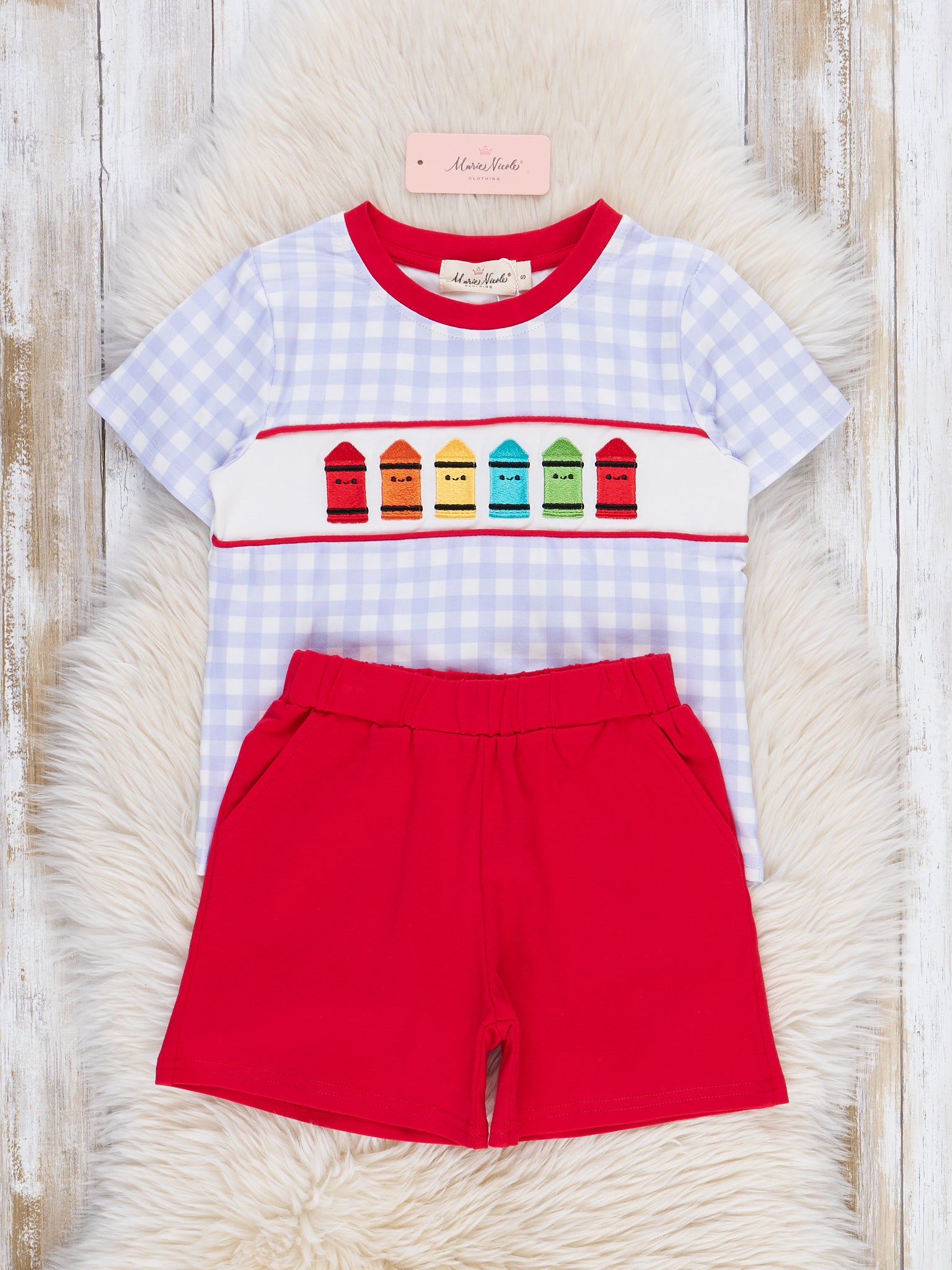 Bright Crayons Embroidered Gingham Outfit - Marie Nicole Clothing