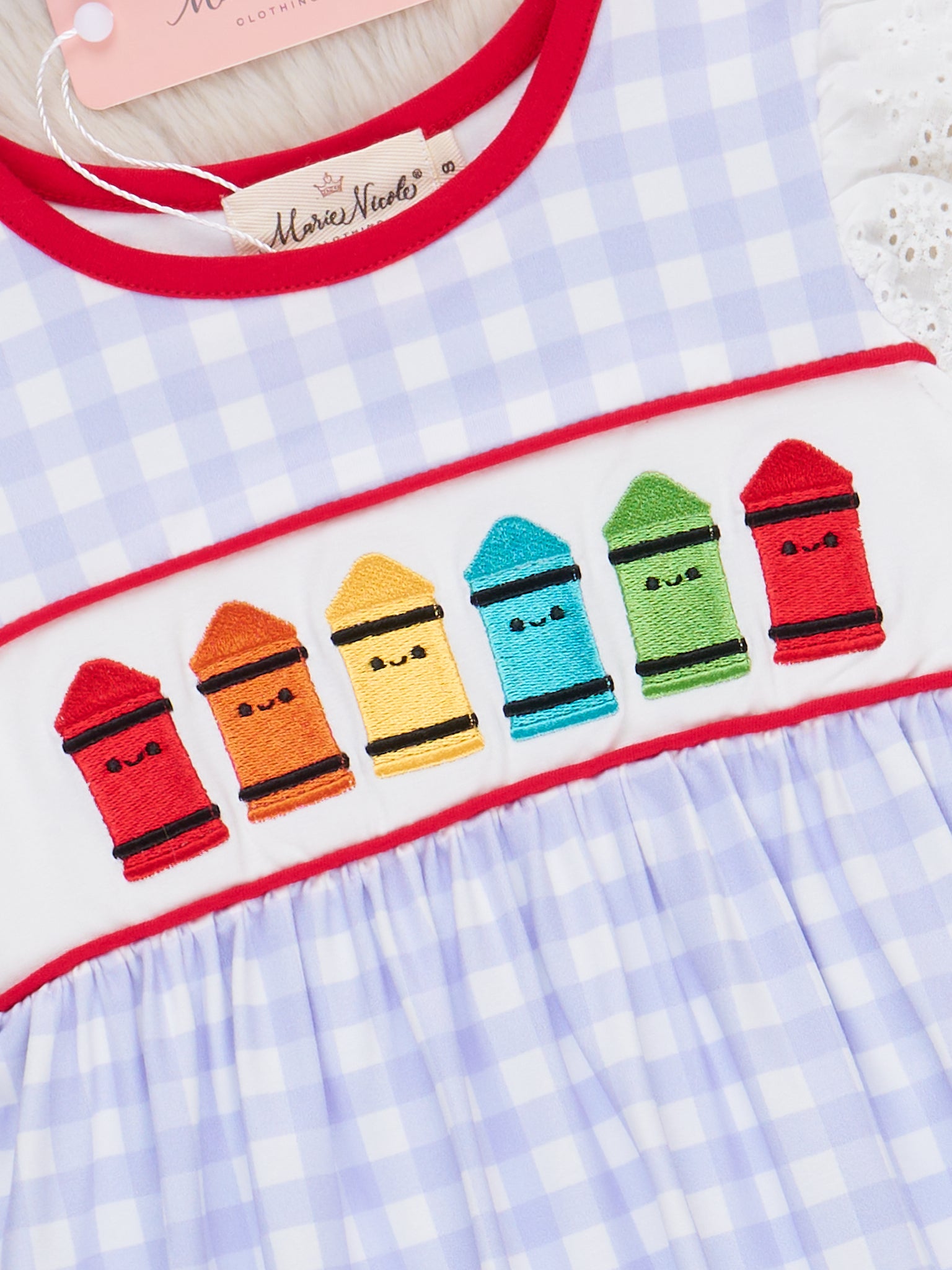 Bright Crayons Embroidered Gingham Ruffle Outfit - Marie Nicole Clothing