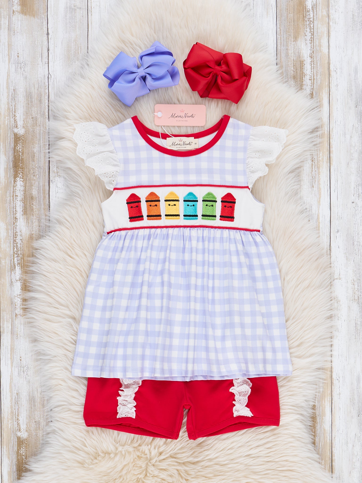 Bright Crayons Embroidered Gingham Ruffle Outfit - Marie Nicole Clothing