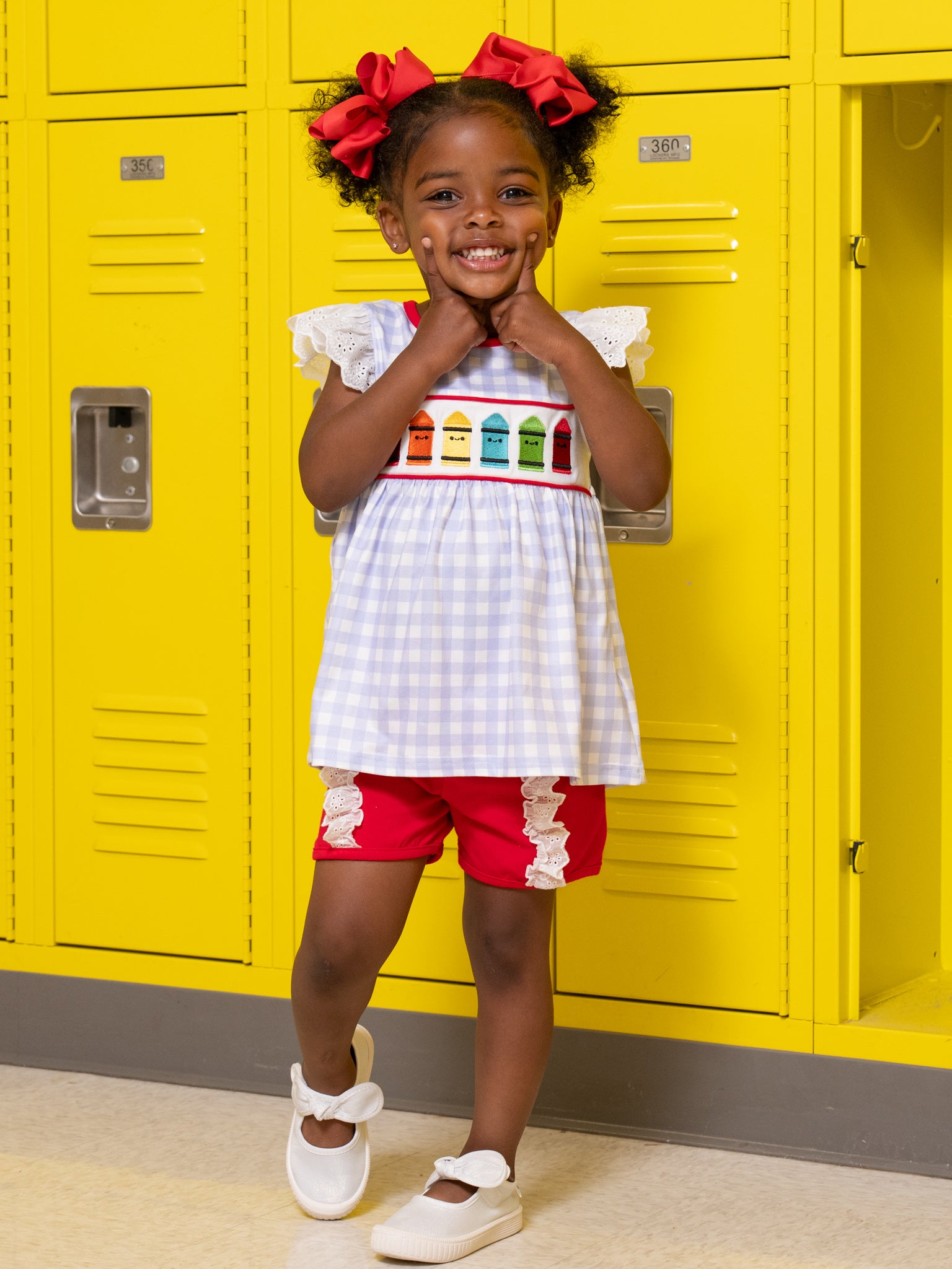Bright Crayons Embroidered Gingham Ruffle Outfit - Marie Nicole Clothing