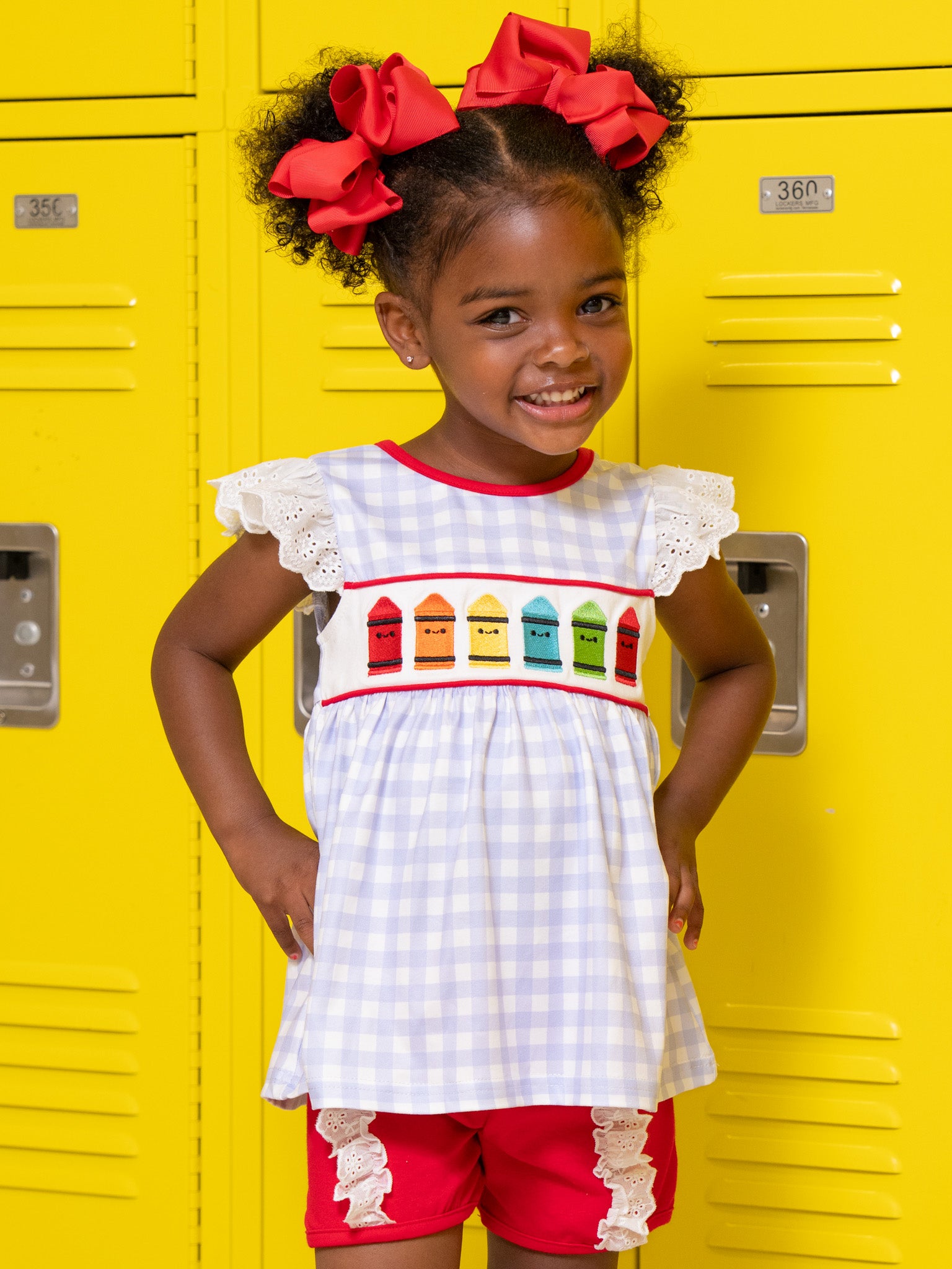 Bright Crayons Embroidered Gingham Ruffle Outfit - Marie Nicole Clothing