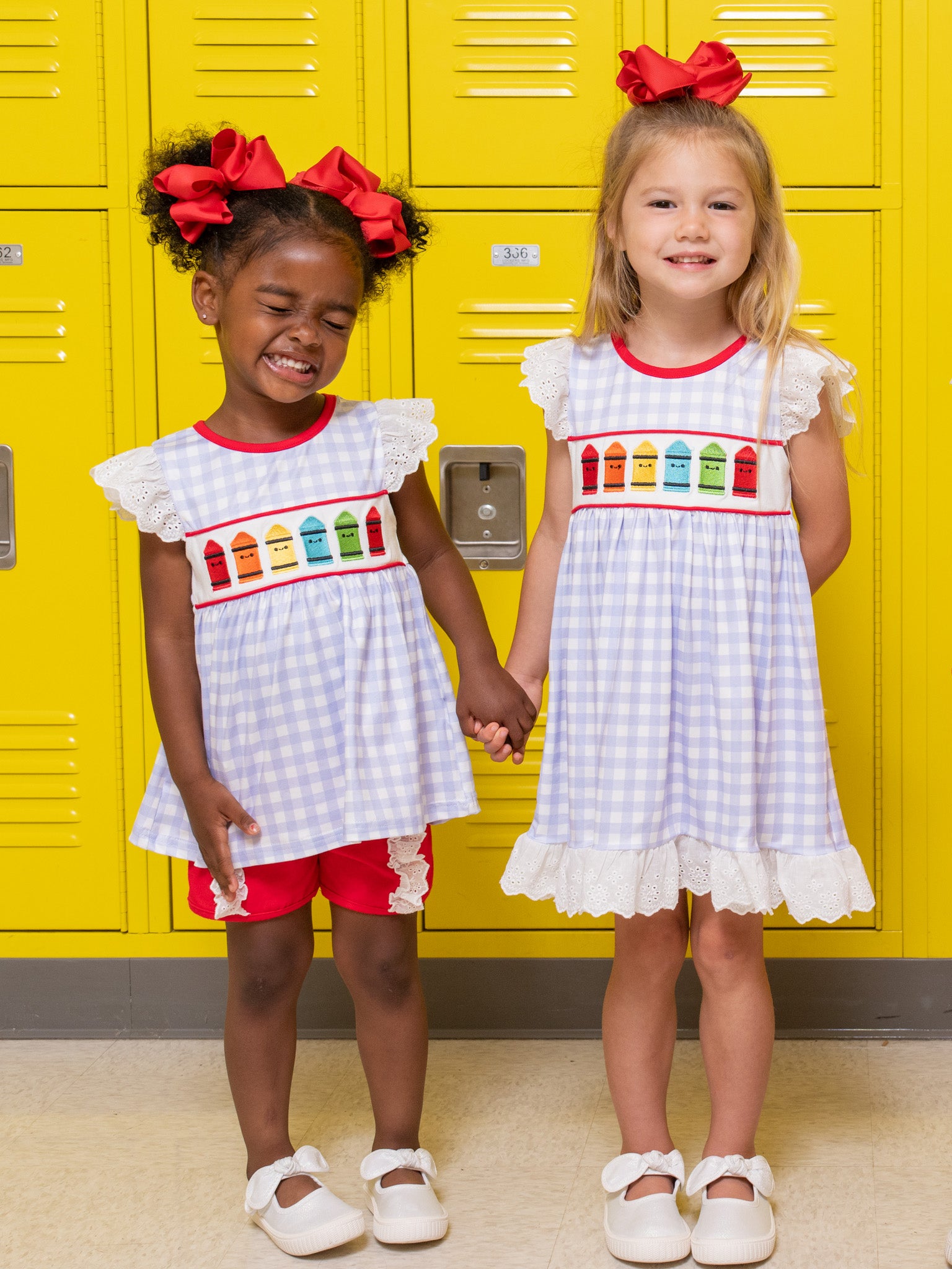 Bright Crayons Embroidered Gingham Ruffle Outfit - Marie Nicole Clothing
