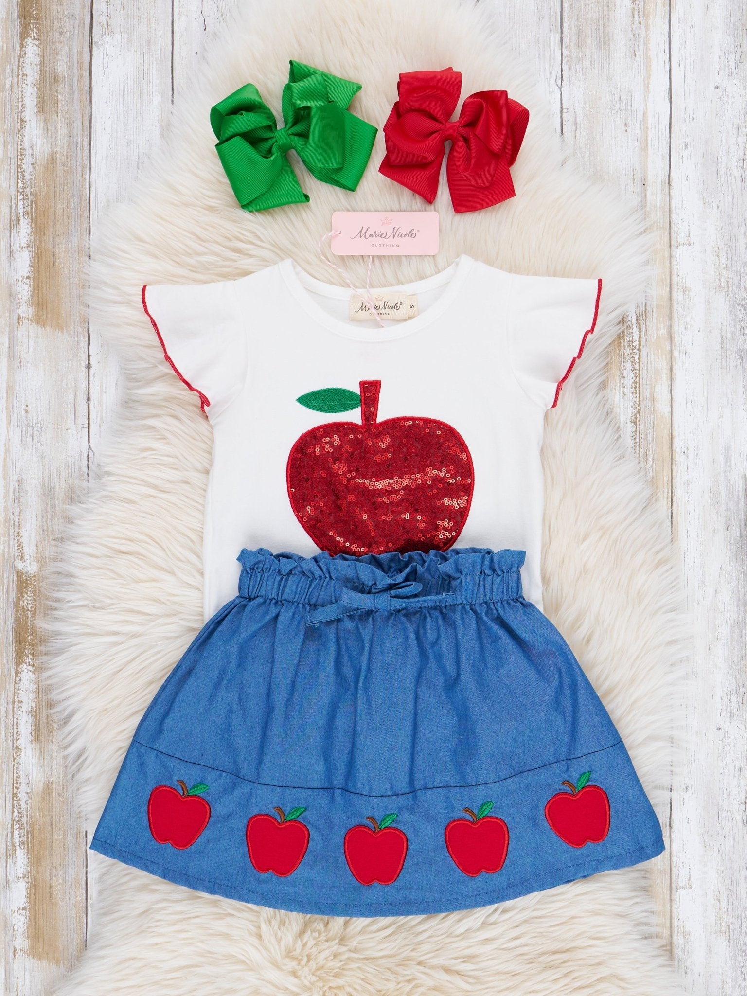 Chambray Red Apples Outfit - Marie Nicole Clothing