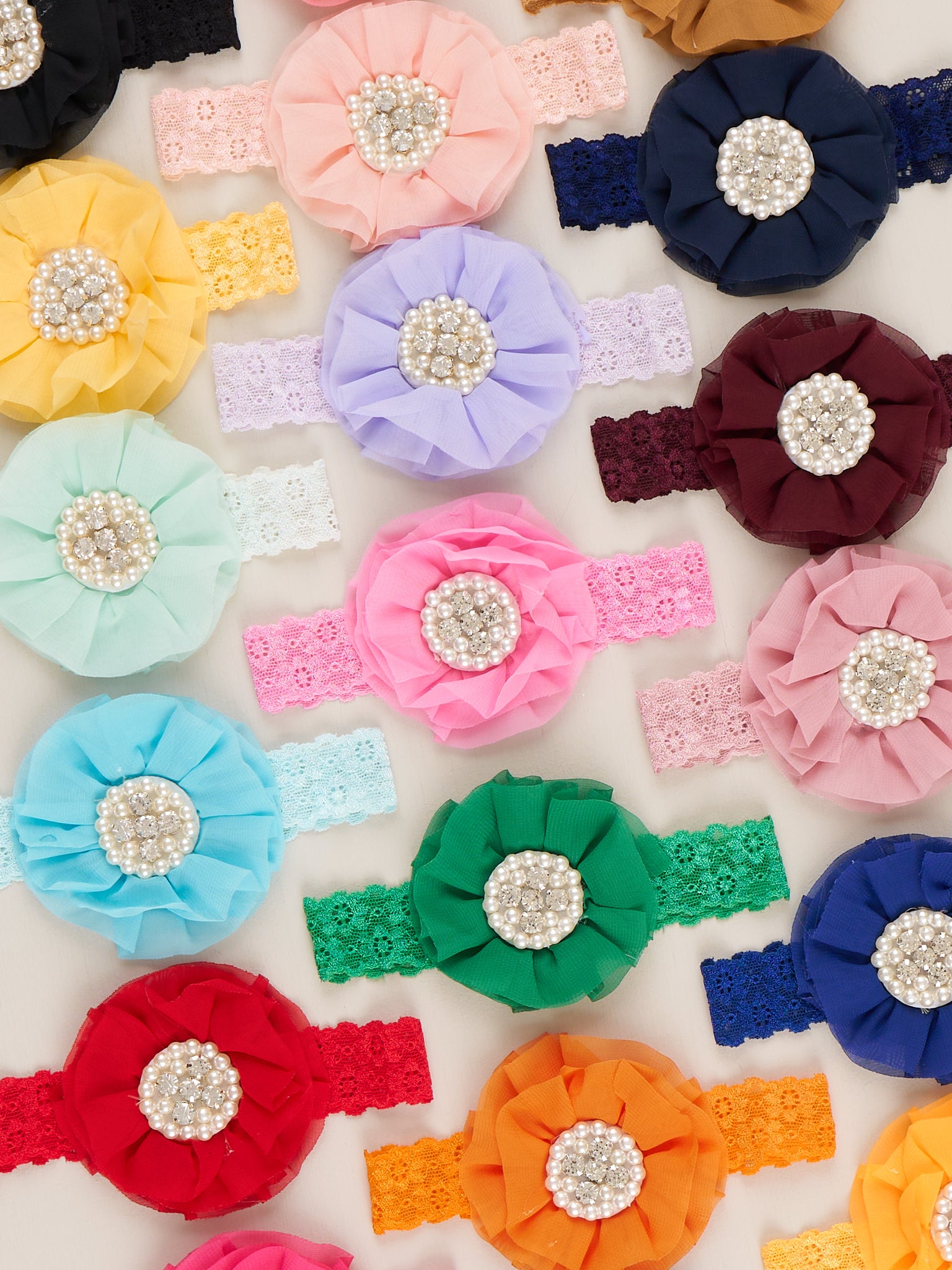 Chiffon Rhinestone & Pearls Headband - 21 Colors Available - Marie Nicole Clothing