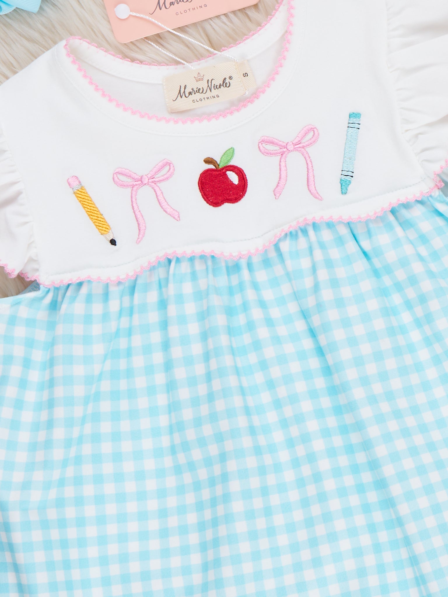 Class - Time Apple & Pencil Embroidered Flutter Dress - Marie Nicole Clothing