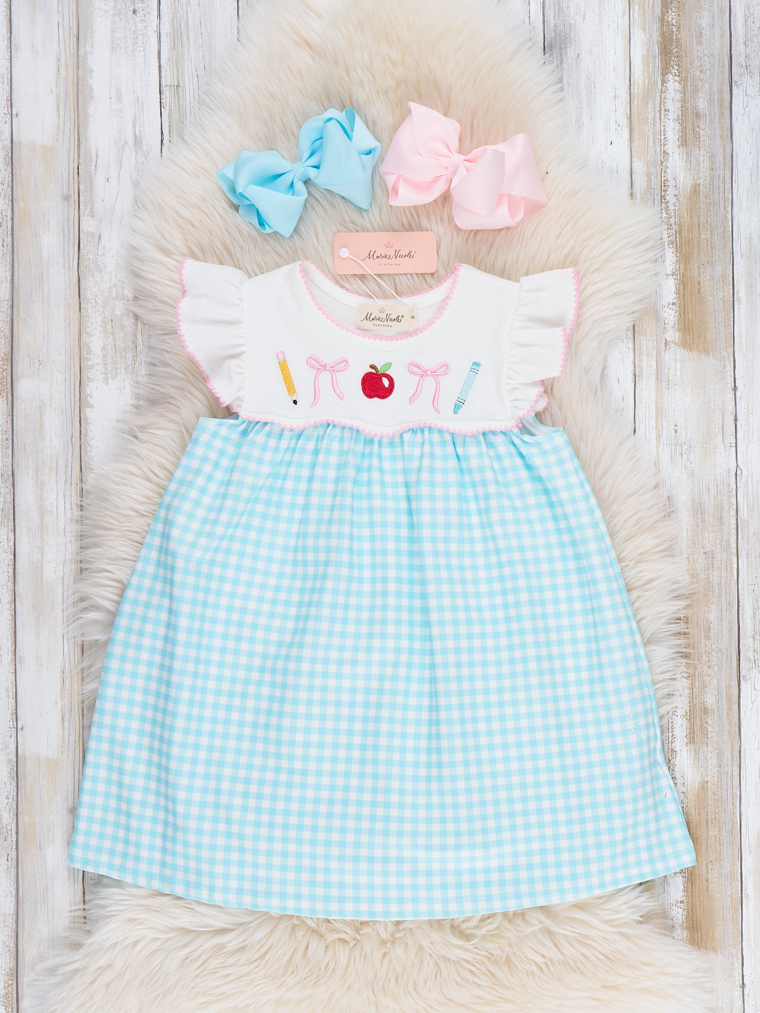 Class - Time Apple & Pencil Embroidered Flutter Dress - Marie Nicole Clothing