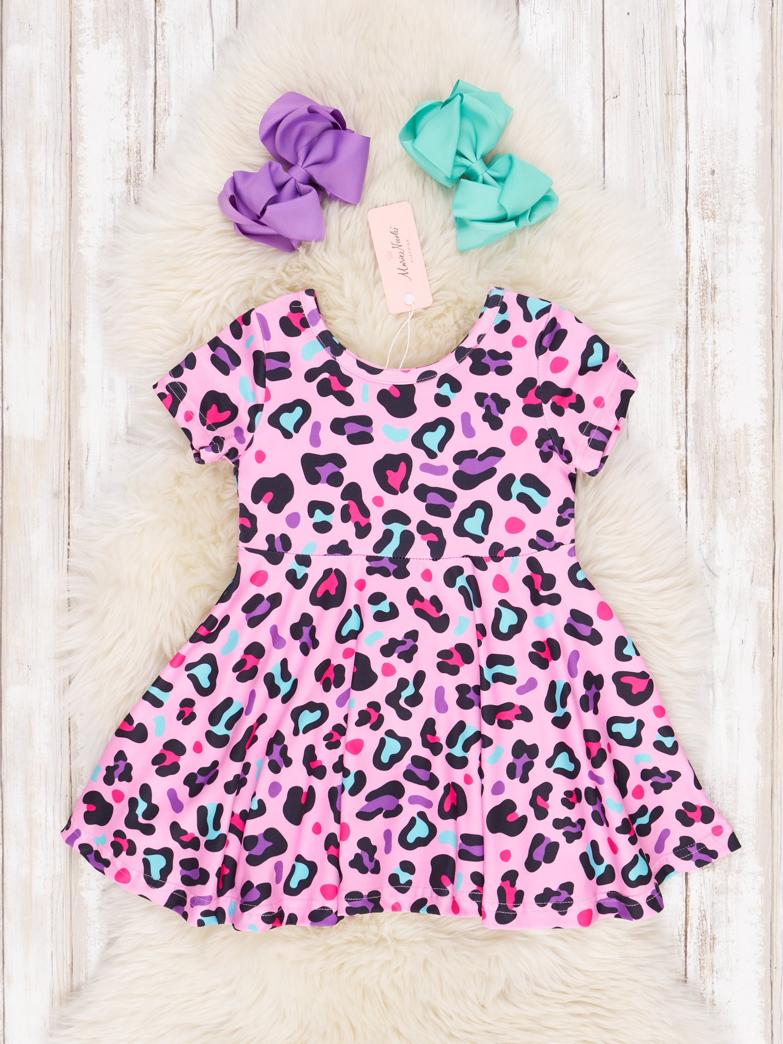 Pink & Turquoise Leopard Swing Dress Marie Nicole Clothing Pink & Turquoise Leopard Swing Dress Marie Nicole Clothing