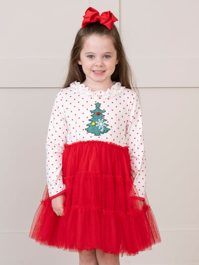 Red Embroidered Christmas Tree Tulle Dress Red Embroidered Christmas Tree Tulle Dress