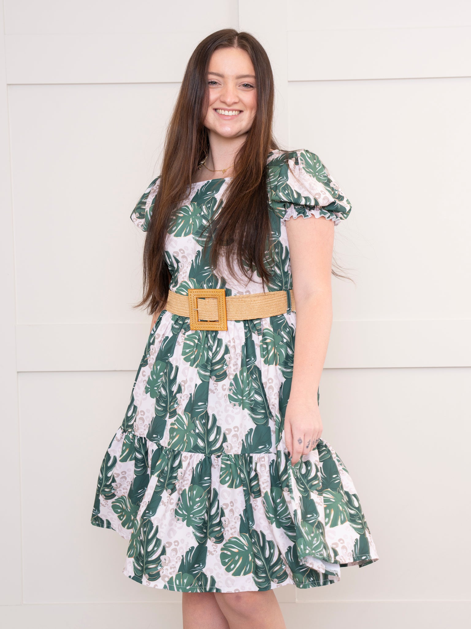monstera print dress Mom & Me Leopard Monstera Leaves Ruffle Dress