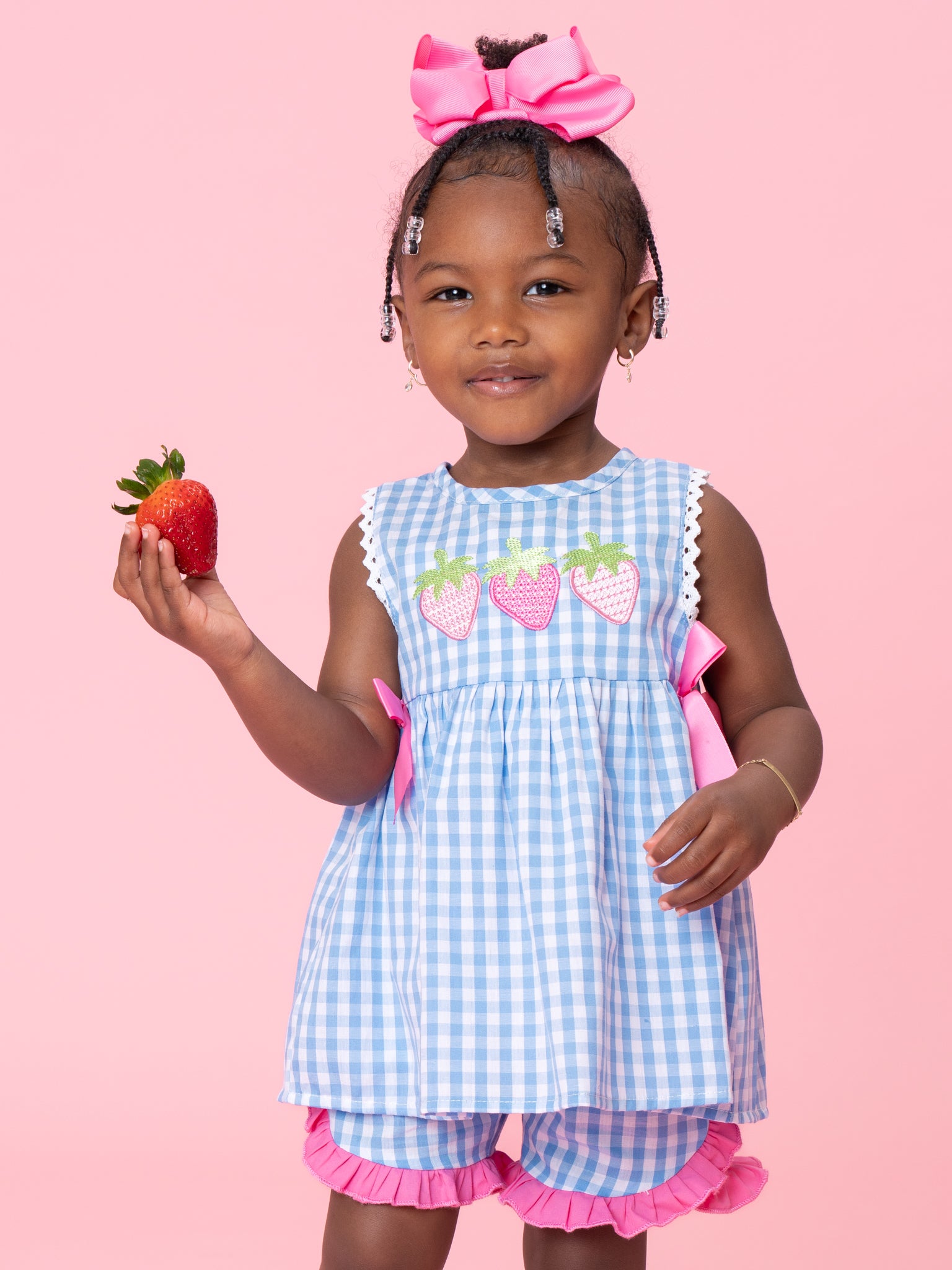 Gingham Embroidered Strawberries 100% Cotton Ruffle Outfit