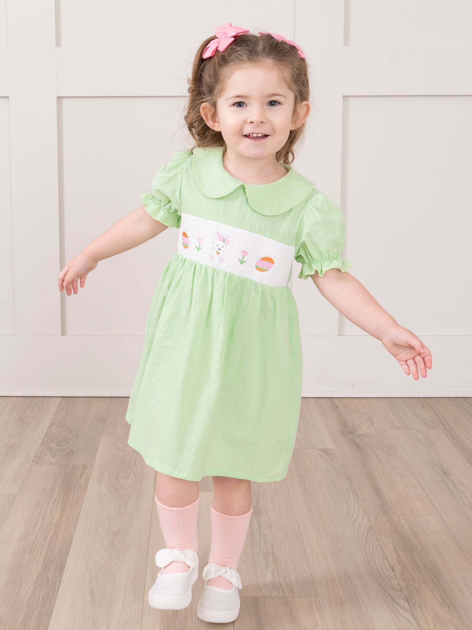 green easter dress toddler Green Summer Twirly Dress Flowers Floral Spring Easter Dress Toddler Dress Girl Dress Pink Green Twirl Dress Short Sleeve Knit