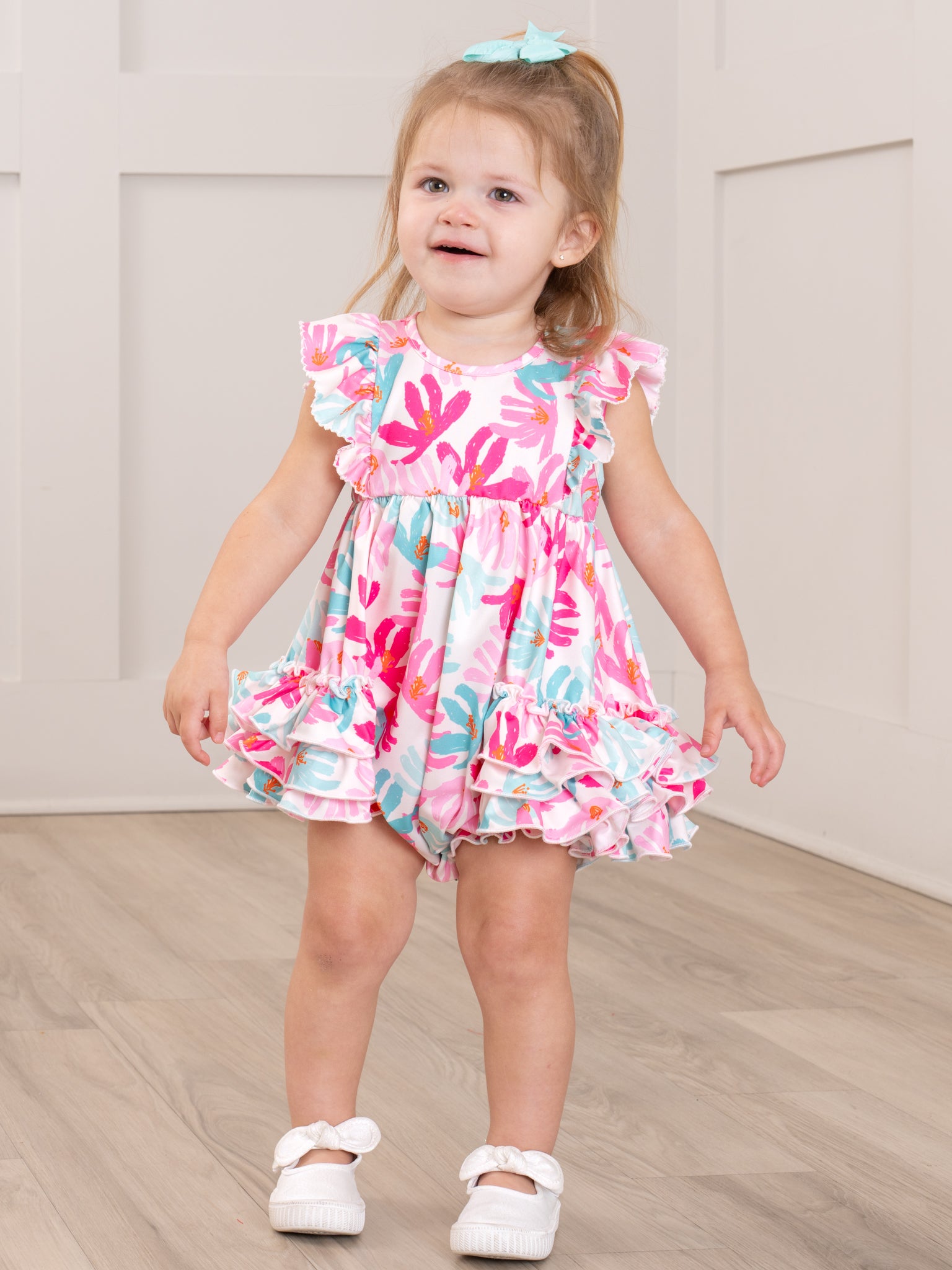 Ruffle Bubble Romper - Hibiscus - Marie Nicole Clothing