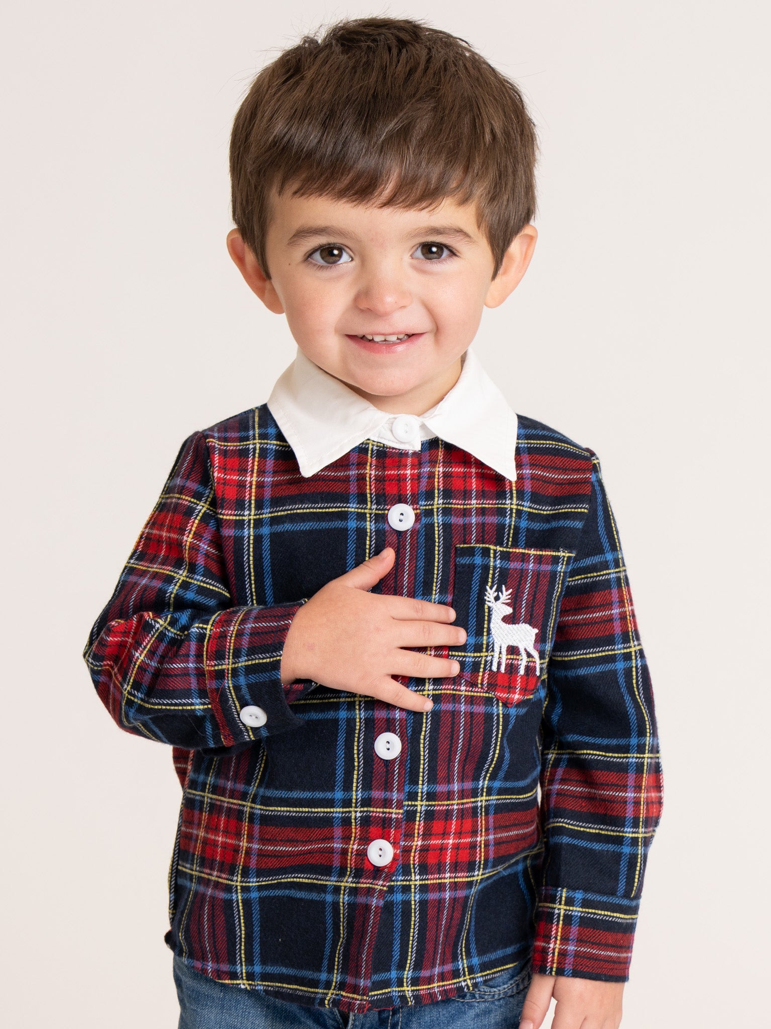 Embroidered Reindeer Plaid Button-Up Shirt - Marie Nicole Clothing