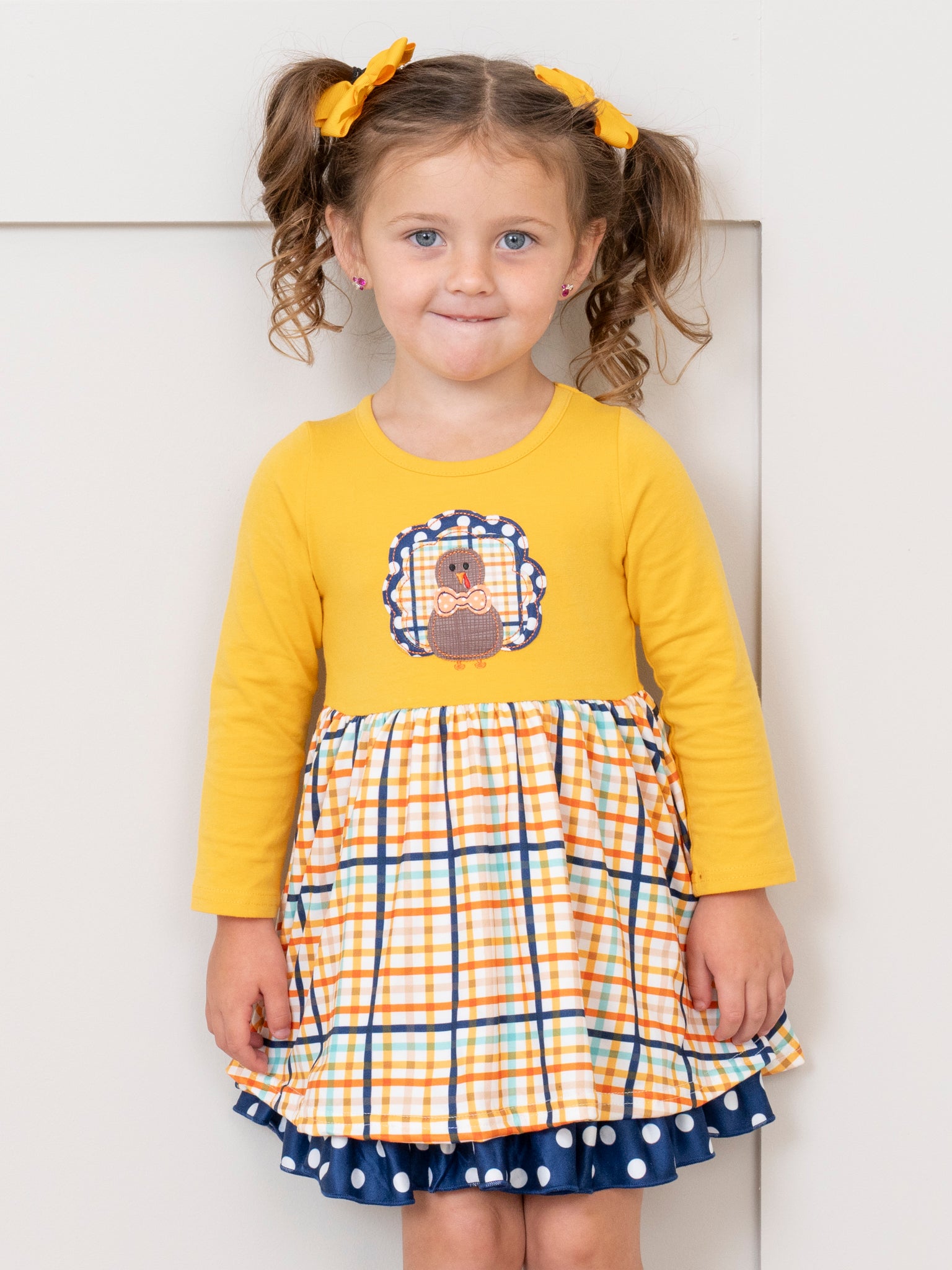 Yellow Plaid Embroidered Turkey Ruffle Dress - Marie Nicole Clothing Yellow Plaid Embroidered Turkey Ruffle Dress - Marie Nicole Clothing
