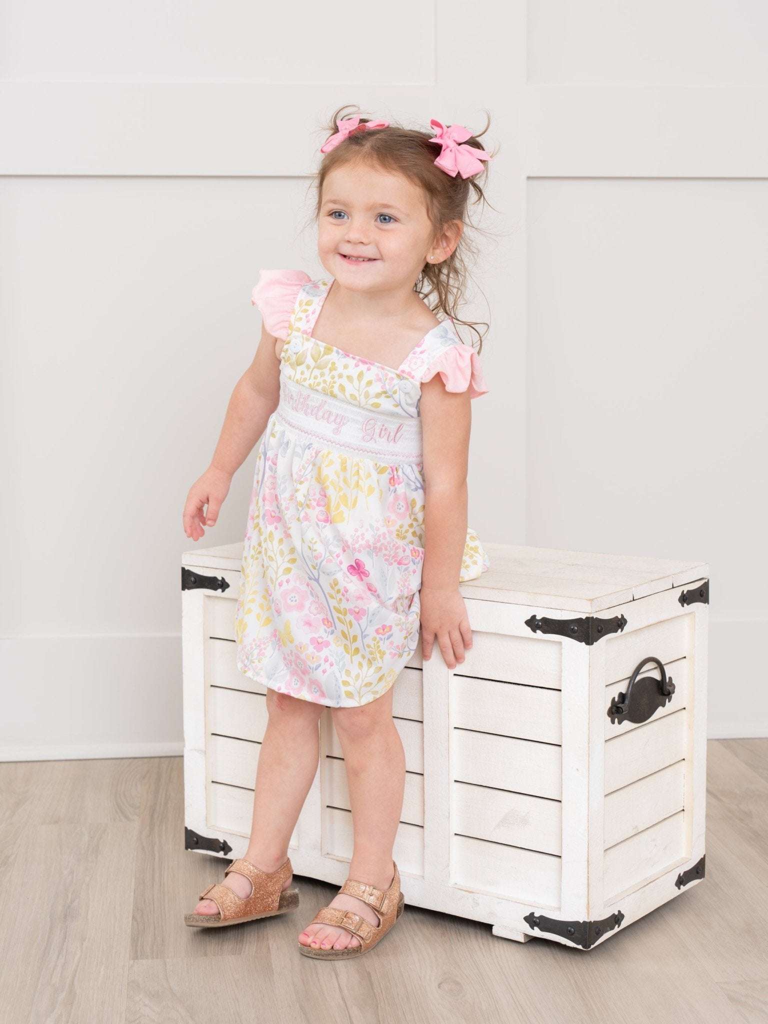 Smocked "Birthday Girl" Floral Ruffle Dress - Marie Nicole Clothing