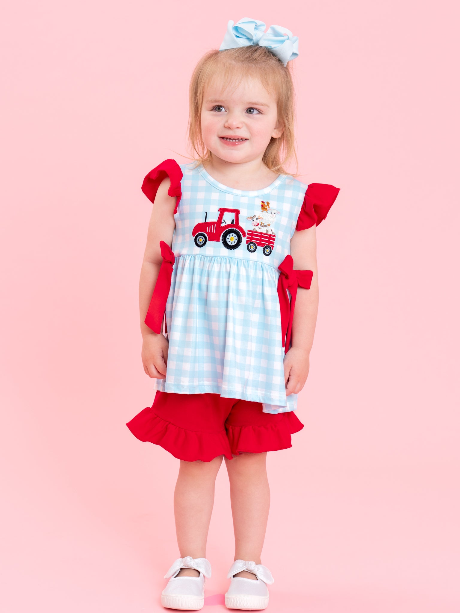 Little Tractor Helper Embroidered Plaid Ruffle Outfit - Marie Nicole Clothing