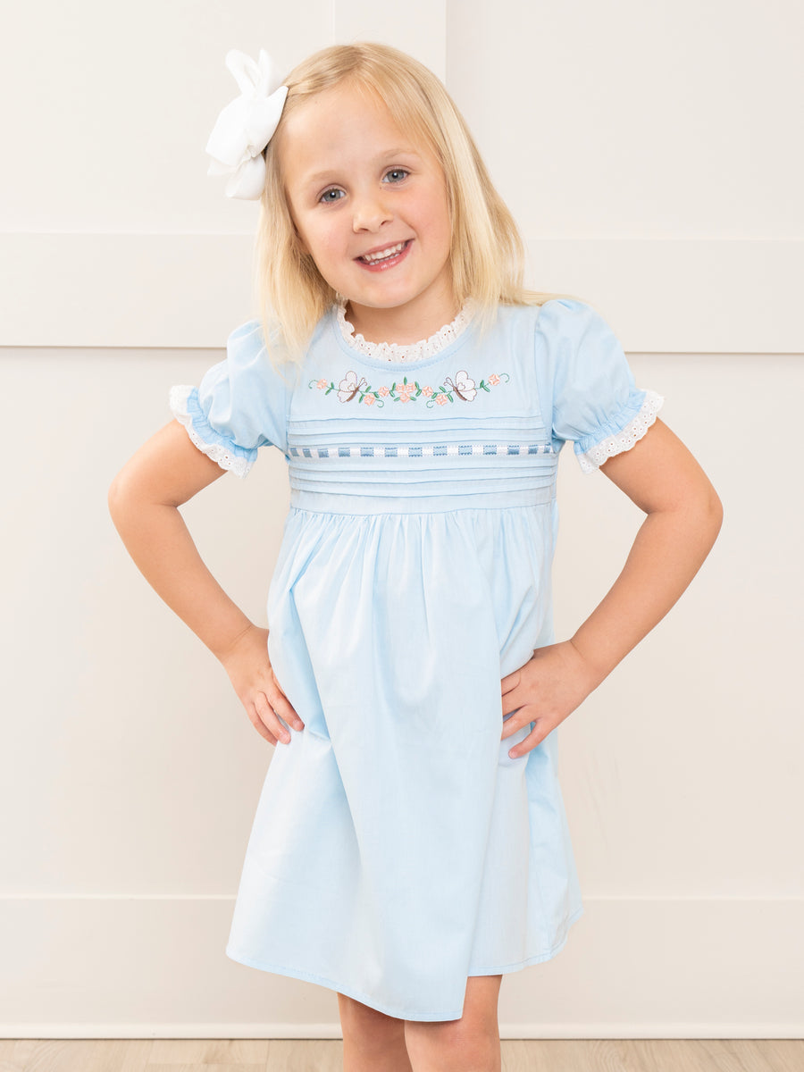 Light Blue Embroidered Garden Smocked Ruffle Dress – Marie Nicole Clothing