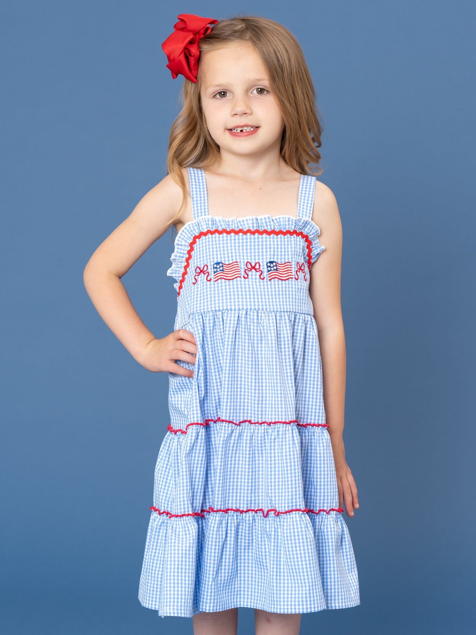 Patriotic Flag & Bows Embroidered 100% Cotton Tiered Dress - Marie Nicole Clothing XXXL(7yrs) Patriotic Flag & Bows Embroidered 100% Cotton Tiered Dress - Marie Nicole Clothing XXXL(7yrs)