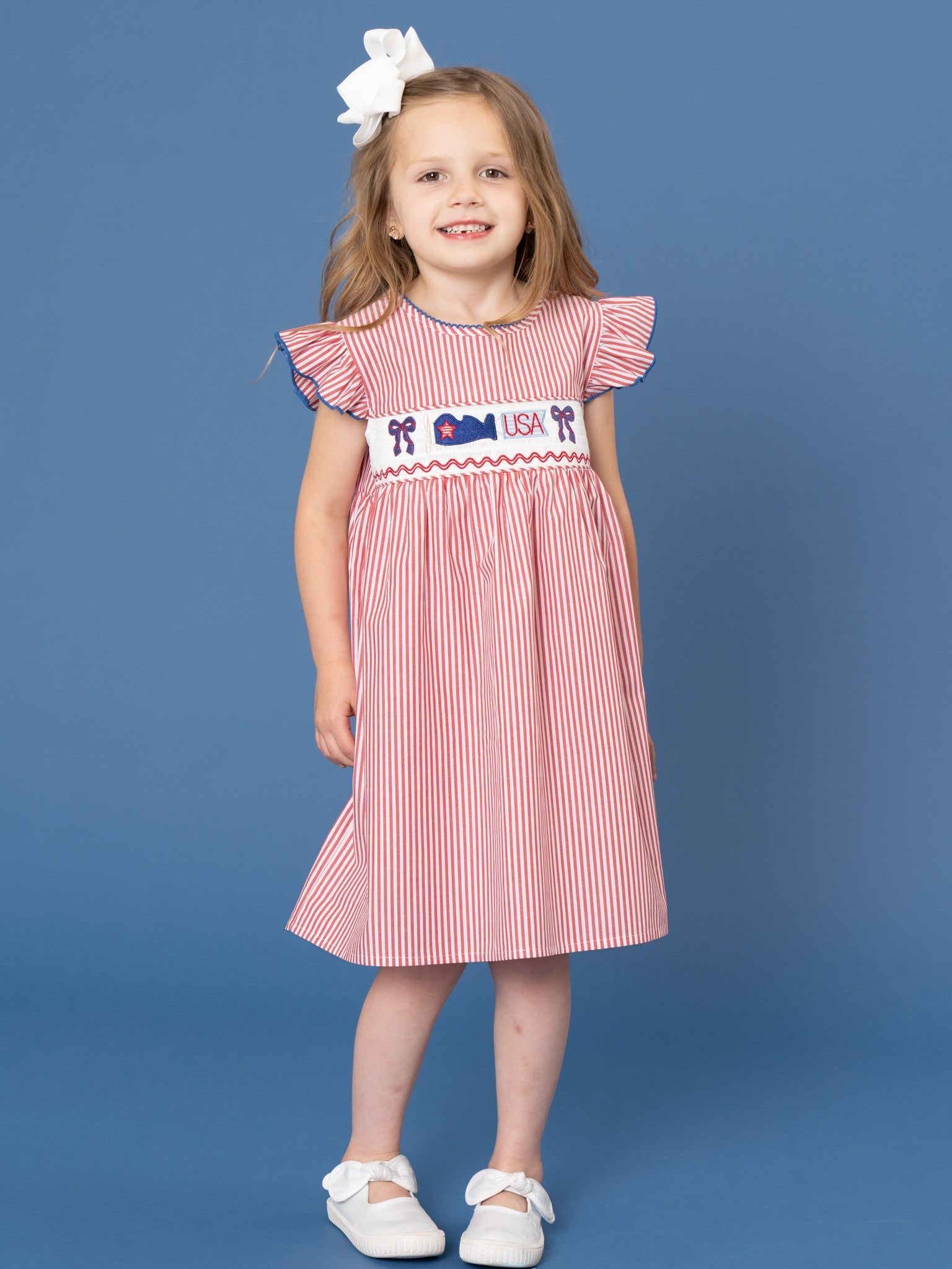 Freedom Flight Smocked Striped 100% Cotton Dress - Marie Nicole Clothing