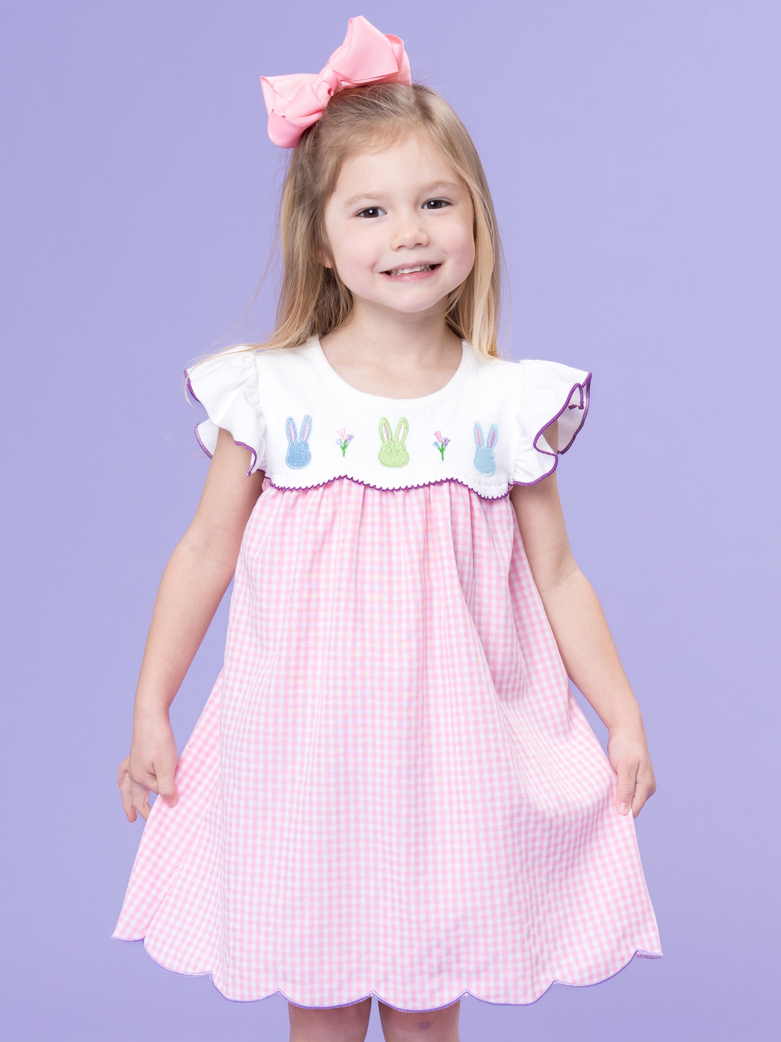 Bunny Lineup Gingham Embroidered Ruffle Dress - Marie Nicole Clothing XXXS(6/12mos) Bunny Lineup Gingham Embroidered Ruffle Dress - Marie Nicole Clothing XXXS(6/12mos)