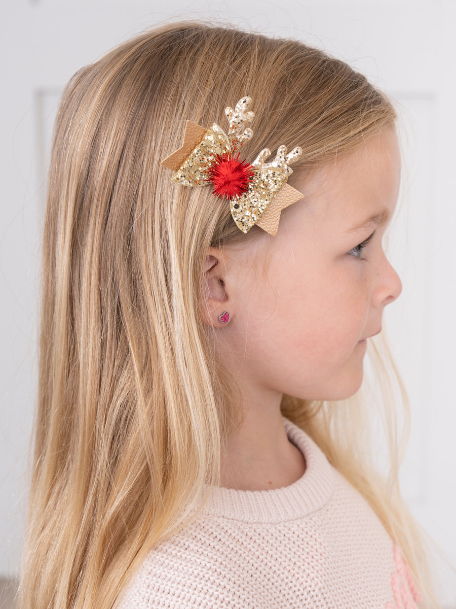 Glitter Rudolph Bow - Marie Nicole Clothing