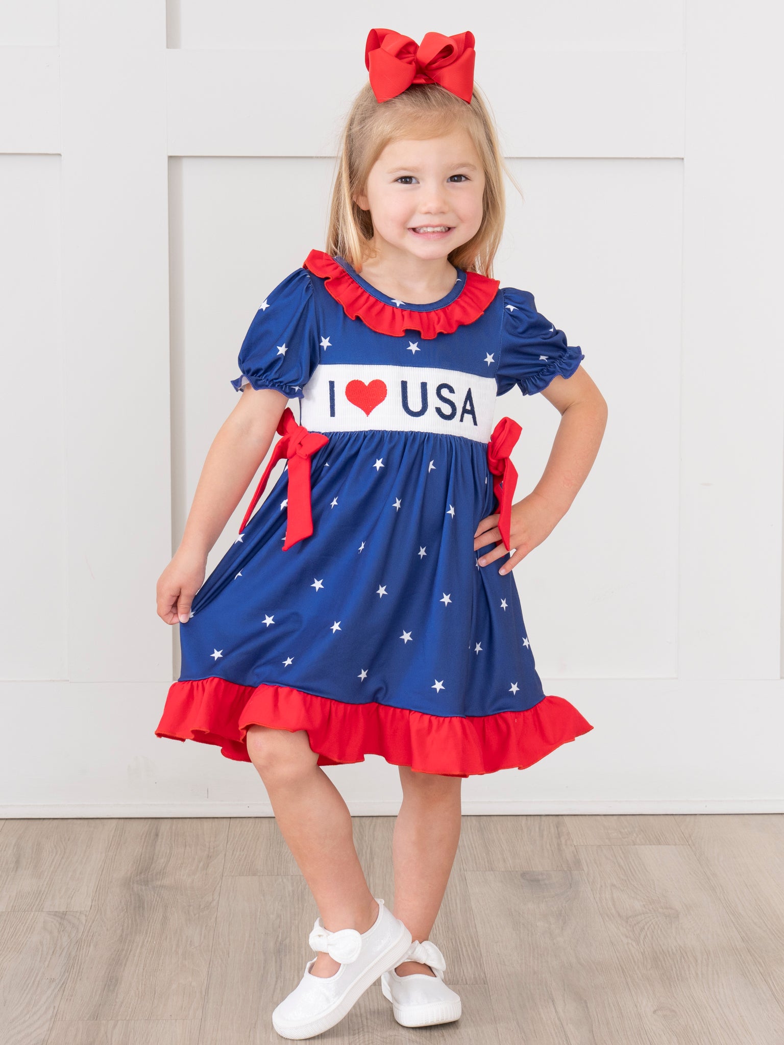 USA Love Smocked Bow Dress - Marie Nicole Clothing