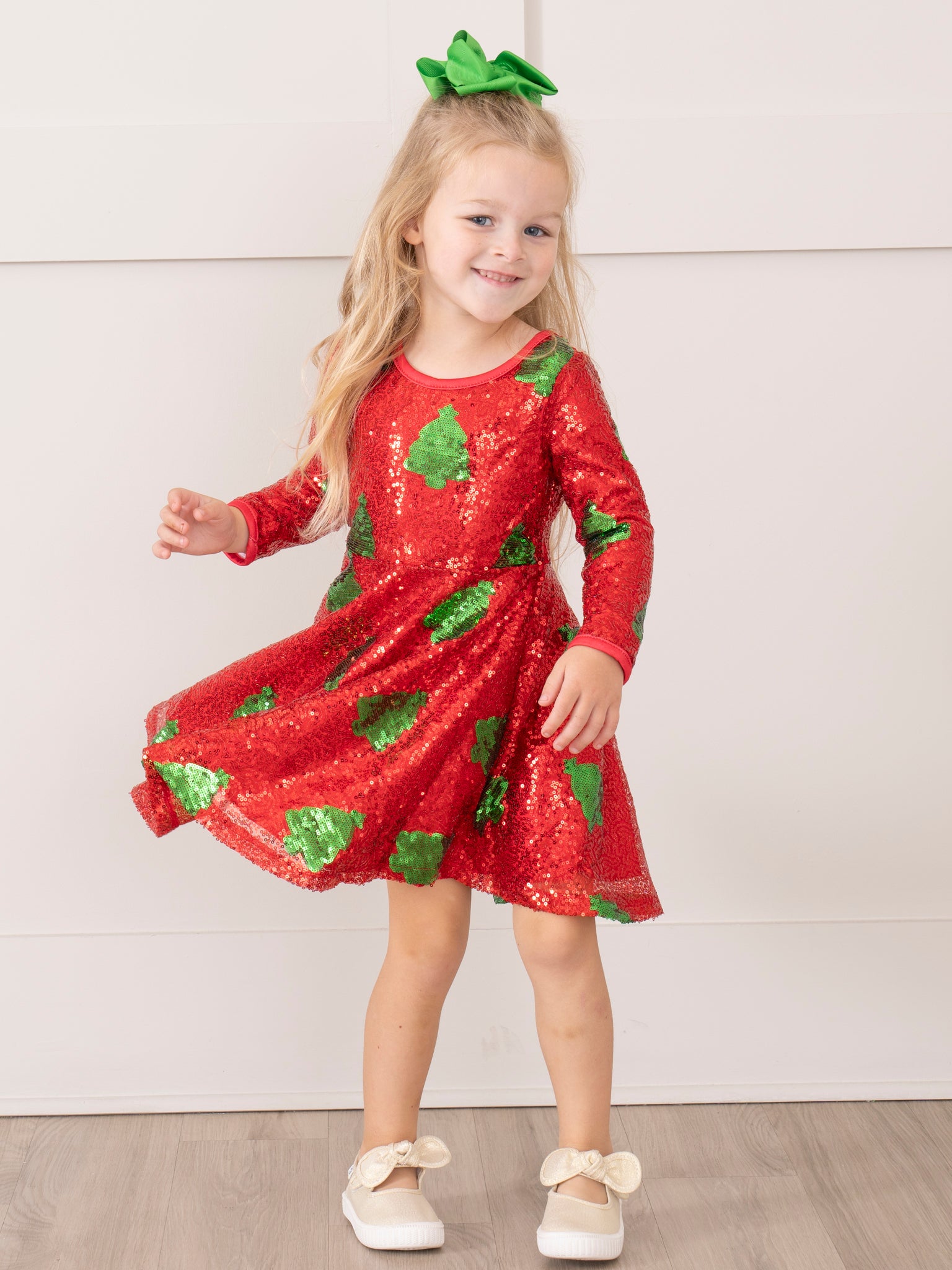 christmas tree dress toddler Toddler Girl Christmas Tree Print Long-Sleeve Dress