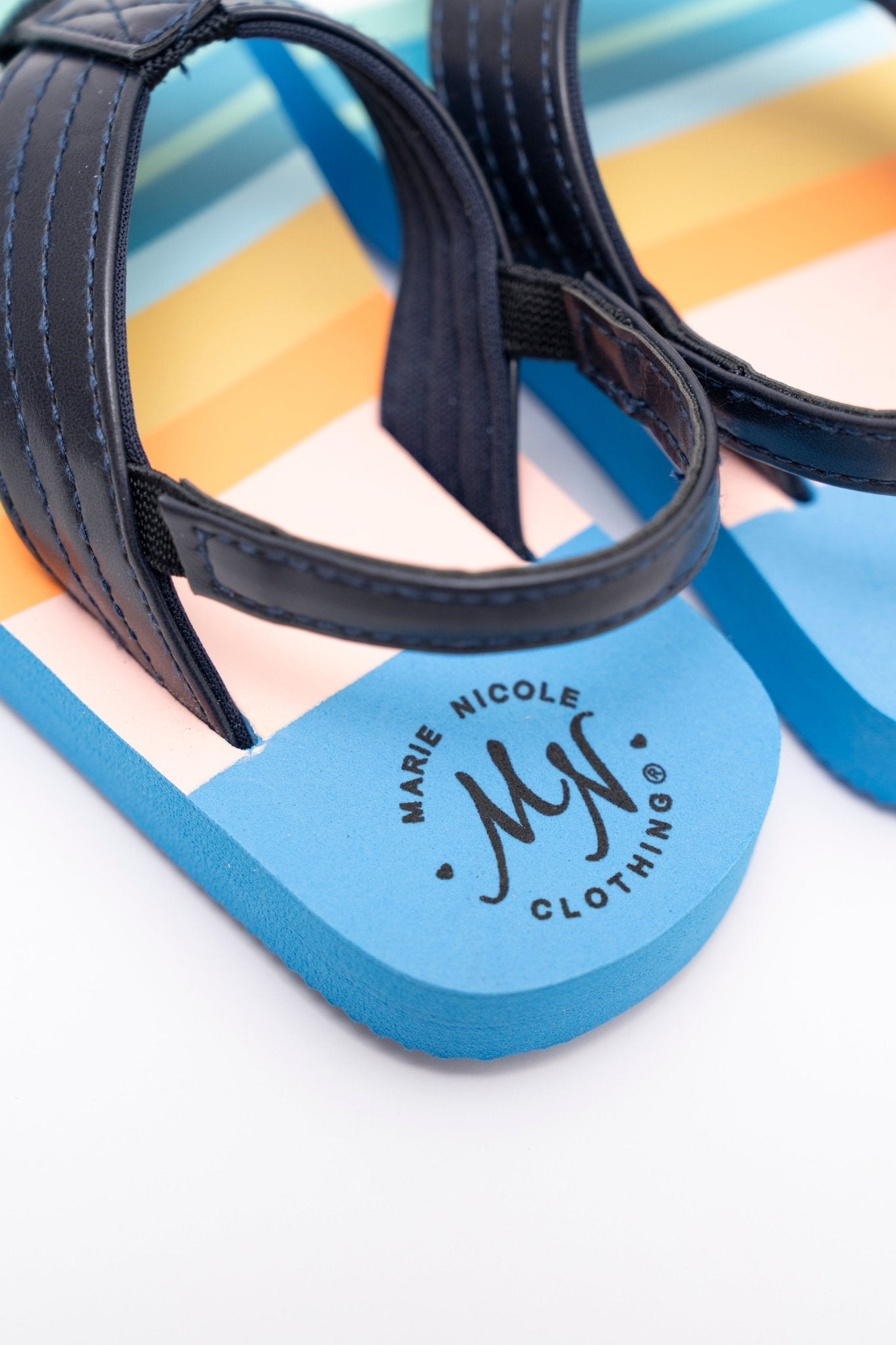 Blue Striped Flip Flops with Backstrap - Marie Nicole Clothing