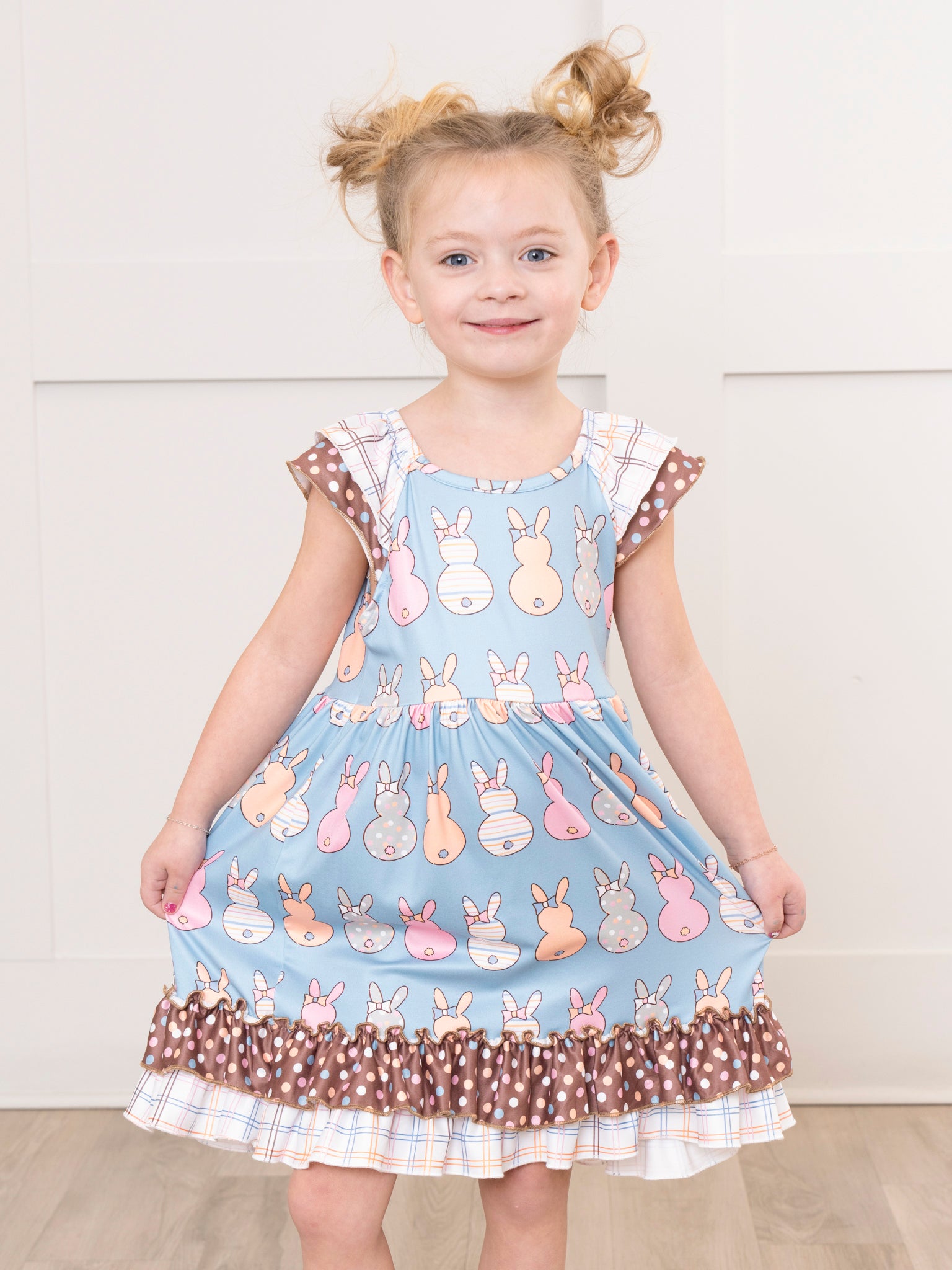 Bunny Party Polka Dot & Plaid Ruffle Dress L(4yrs) Bunny Party Polka Dot & Plaid Ruffle Dress L(4yrs)