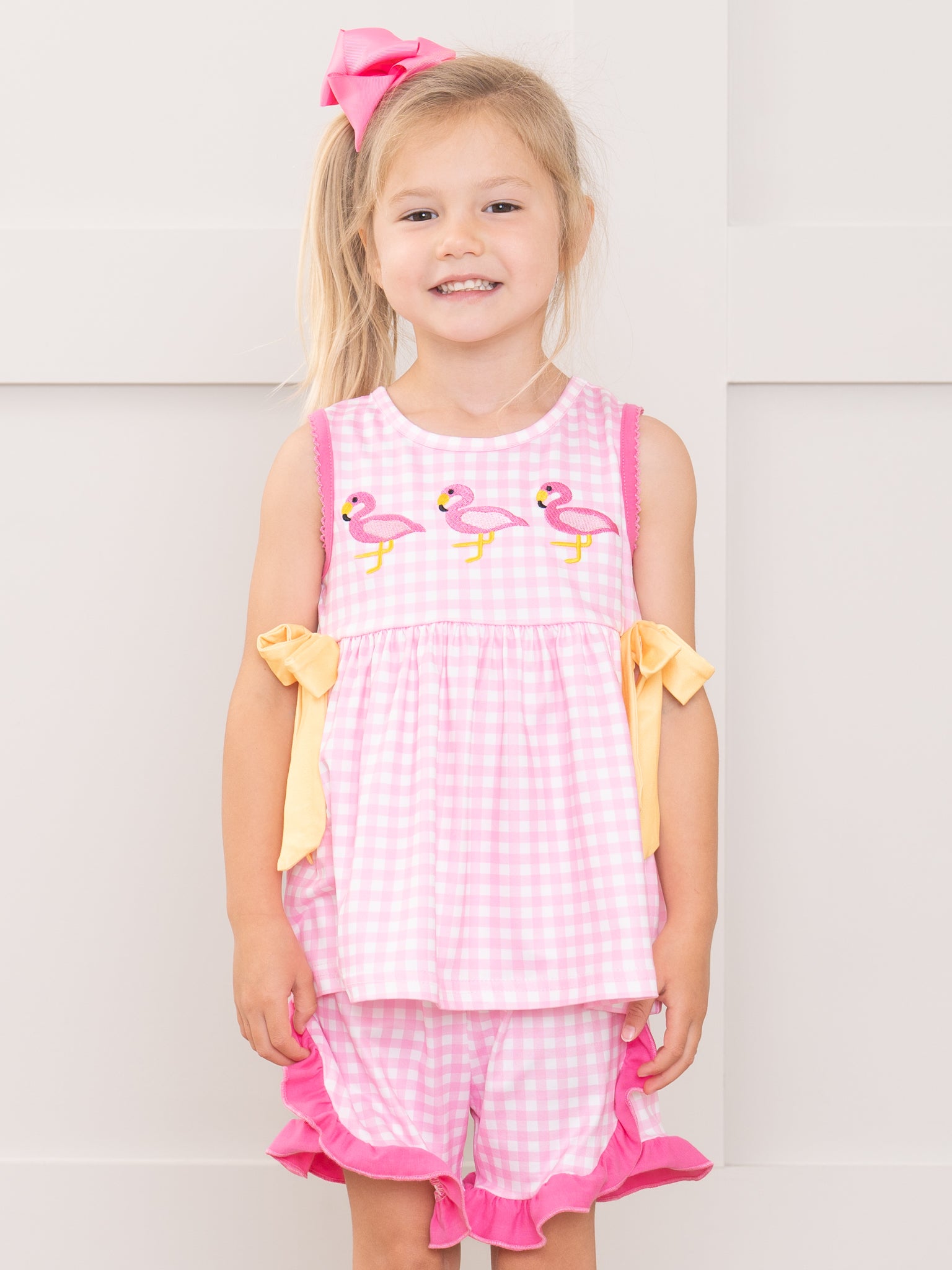 Sunny Flamingos Gingham Embroidered Ruffle Outfit - Marie Nicole Clothing