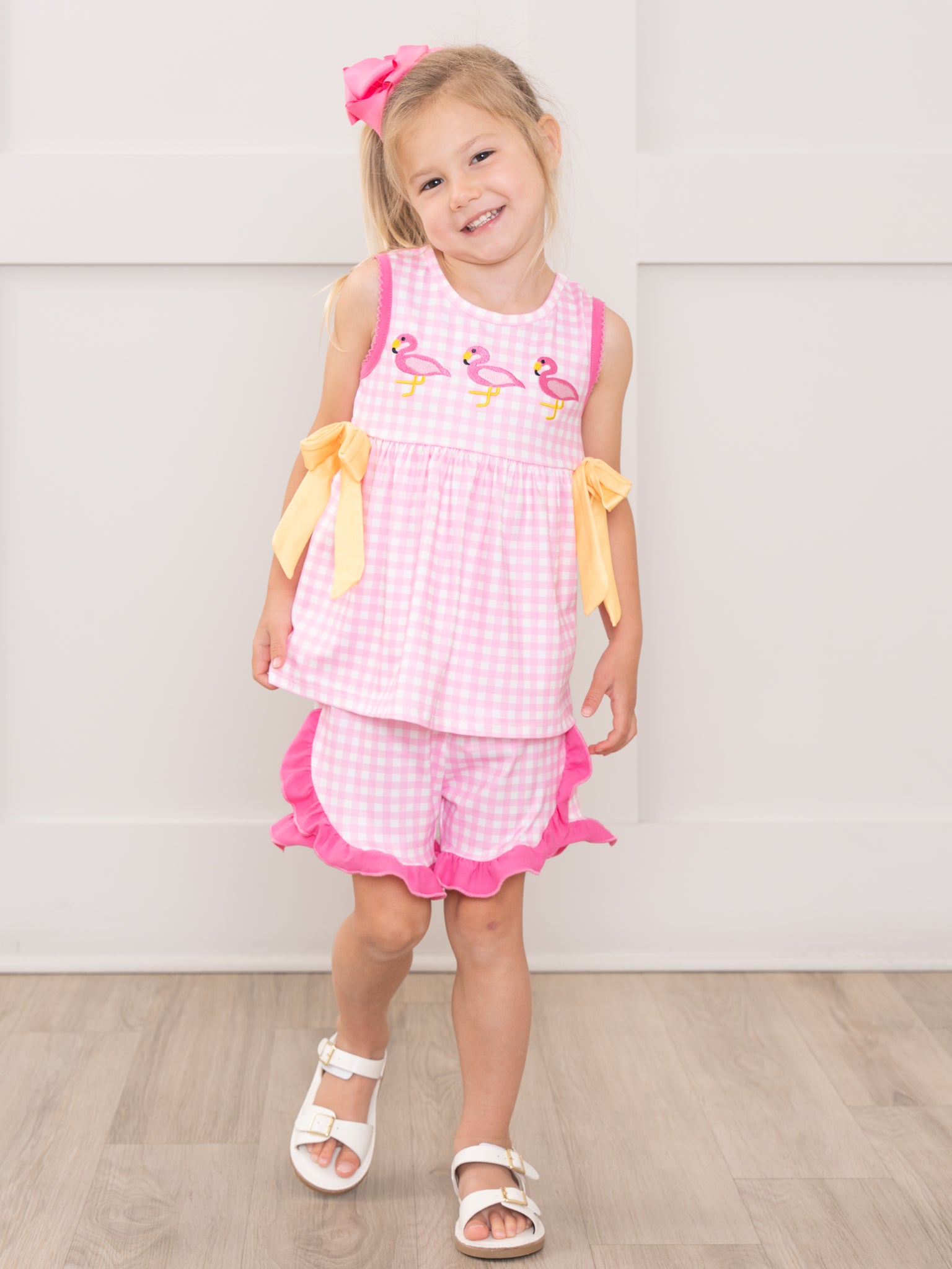 Sunny Flamingos Gingham Embroidered Ruffle Outfit - Marie Nicole Clothing