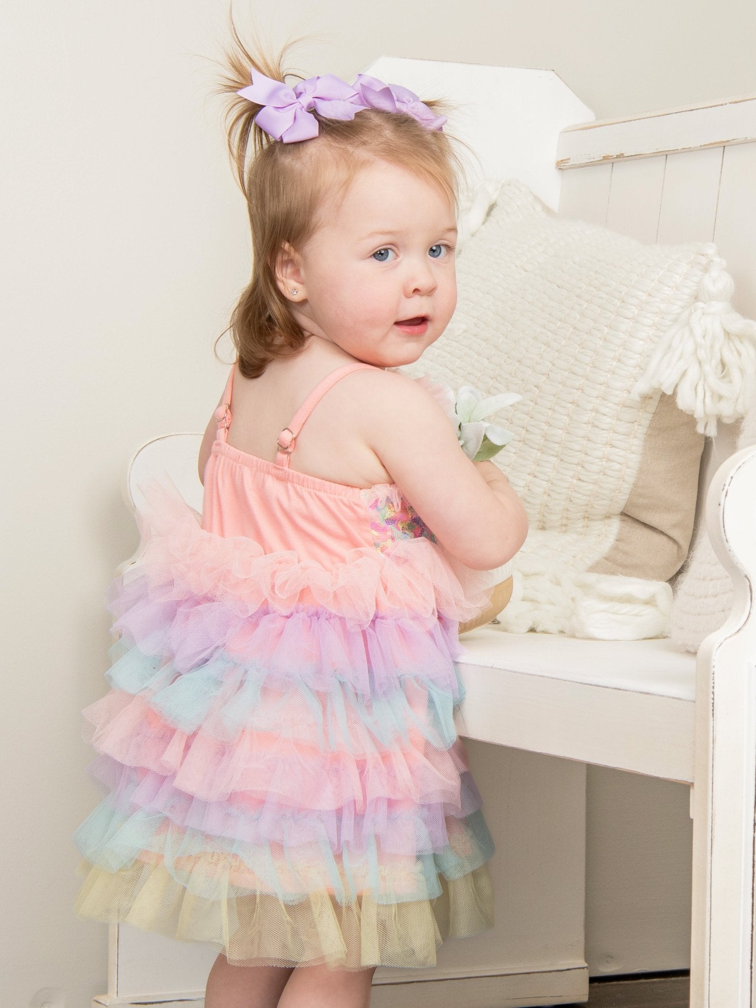 Rainbow Sequin Tiered Tulle Ruffle Dress - Marie Nicole Clothing