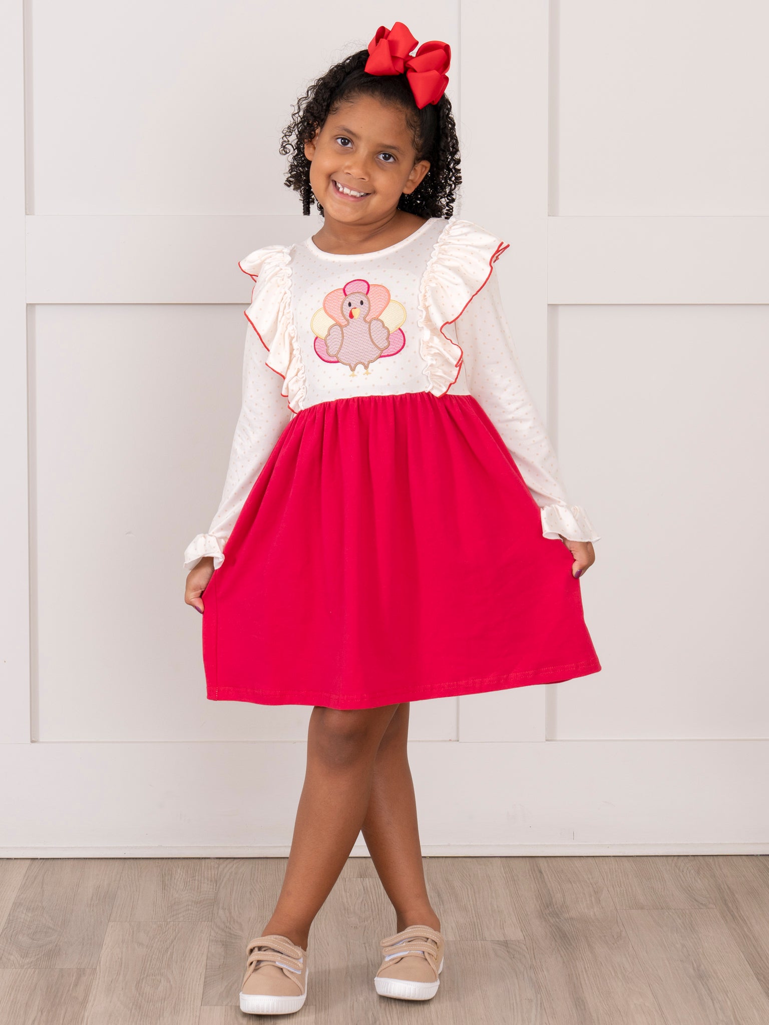 Turkey Day Embroidered Ruffle Dress - Marie Nicole Clothing