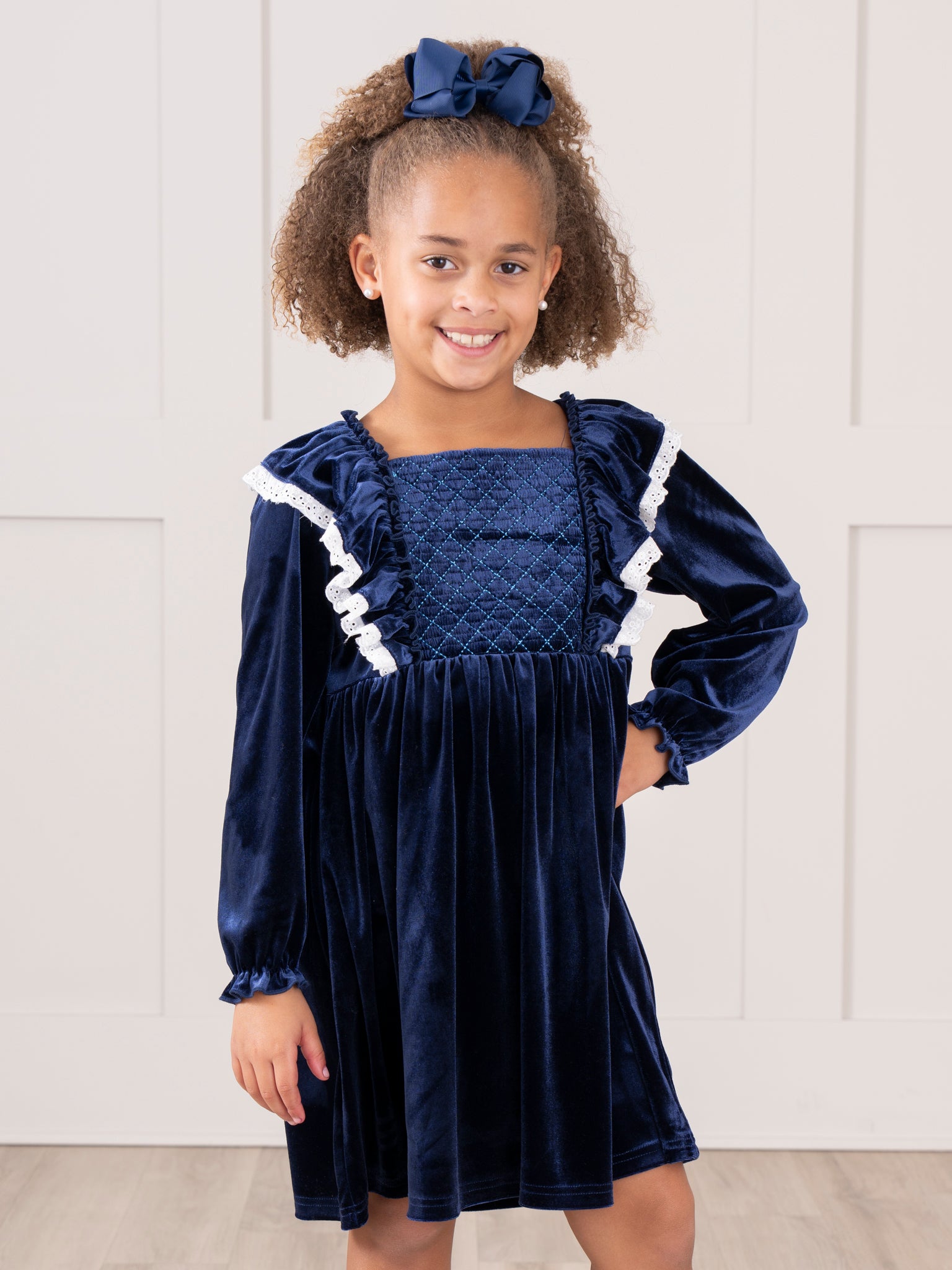 Sapphire Velvet Ruffle Dress - Marie Nicole Clothing Sapphire Velvet Ruffle Dress - Marie Nicole Clothing