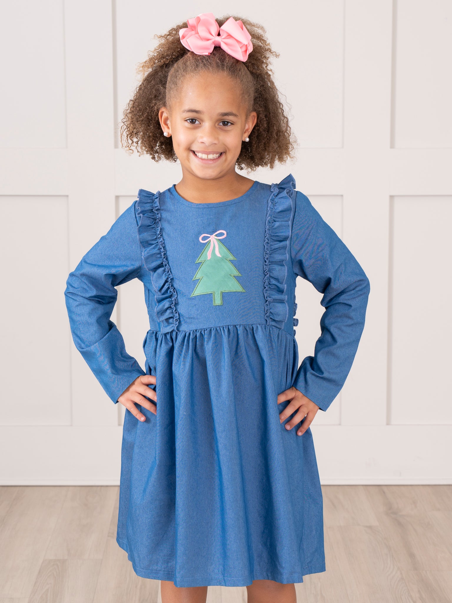 Chambray Embroidered Christmas Tree Ruffle Dress - Marie Nicole Clothing Chambray Embroidered Christmas Tree Ruffle Dress - Marie Nicole Clothing