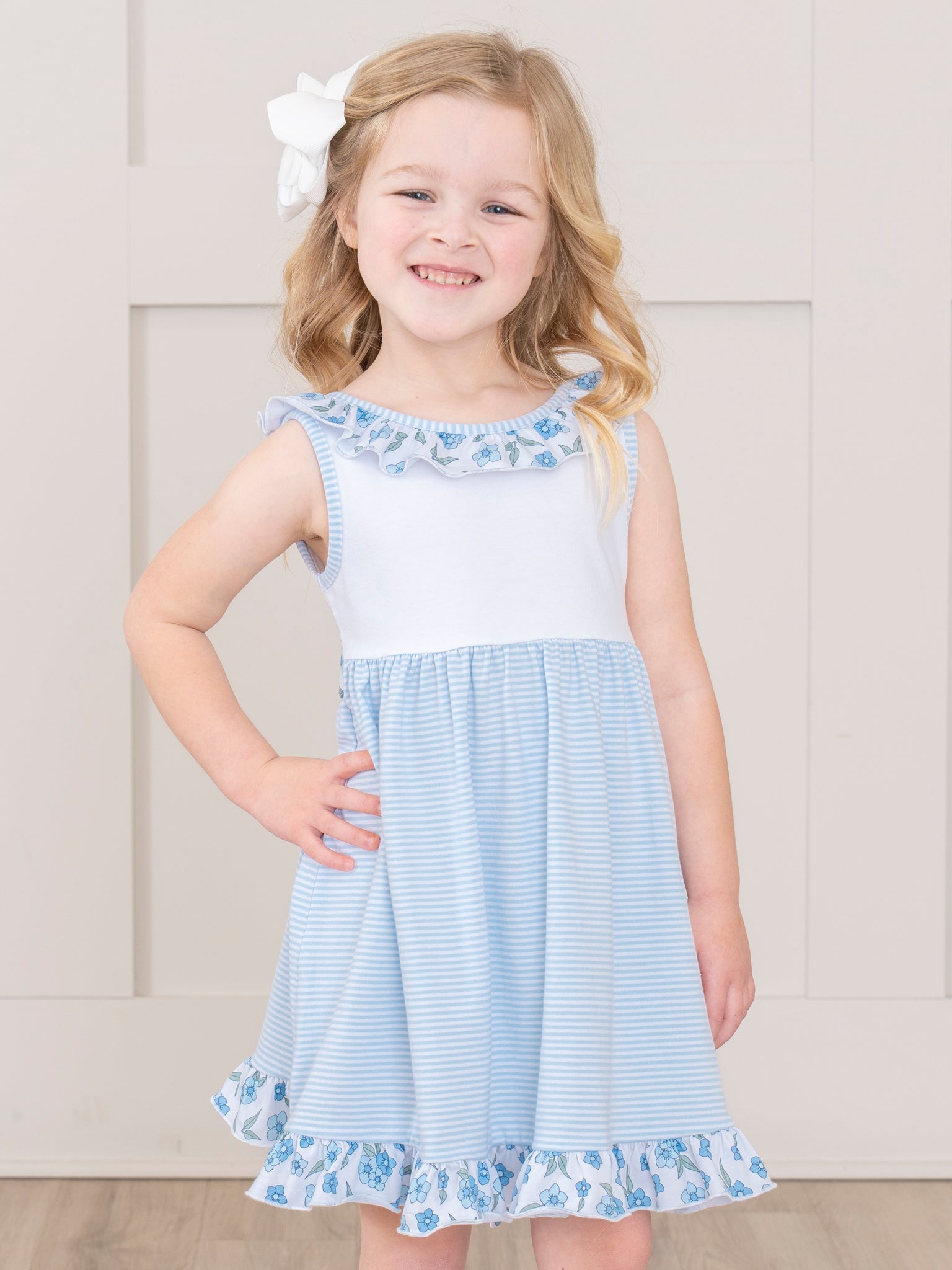 Cornflower Cottage Striped Floral Ruffle Dress - Marie Nicole Clothing 4YRS Cornflower Cottage Striped Floral Ruffle Dress - Marie Nicole Clothing 4YRS