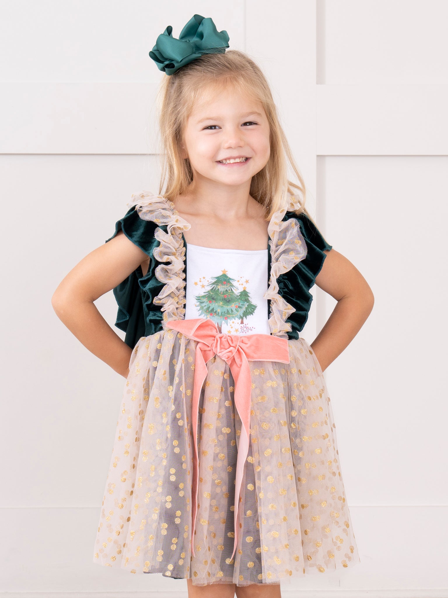 Swiss Dot Overlay Christmas Tree Dress