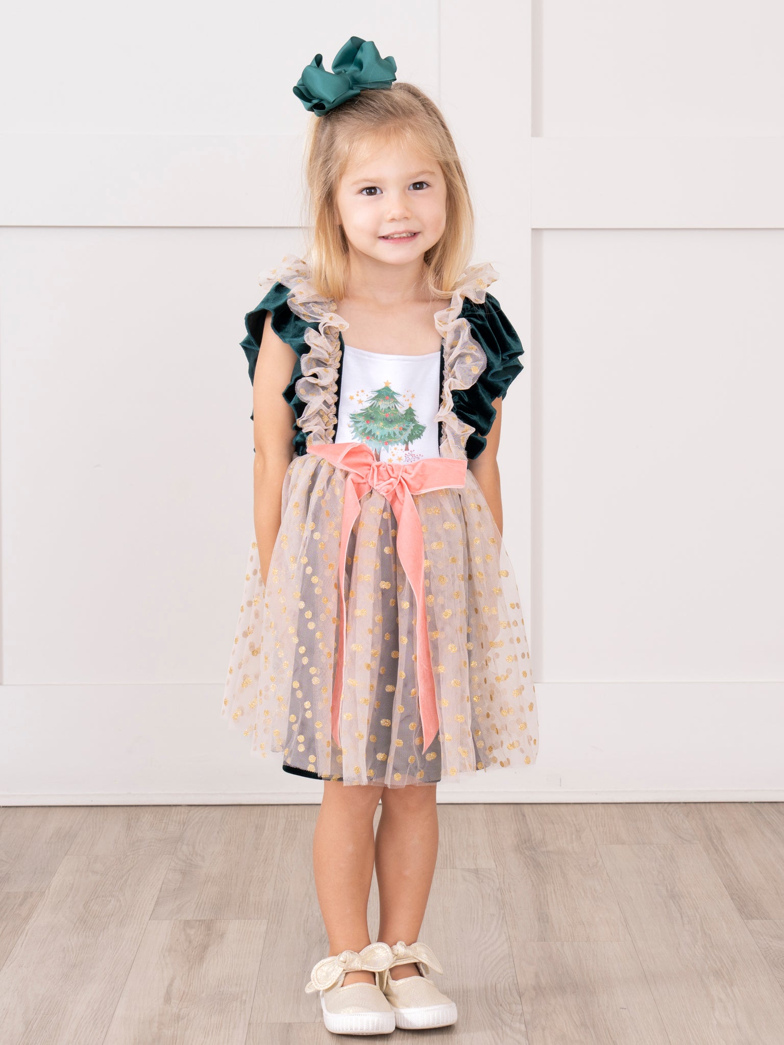 Swiss Dot Overlay Christmas Tree Dress