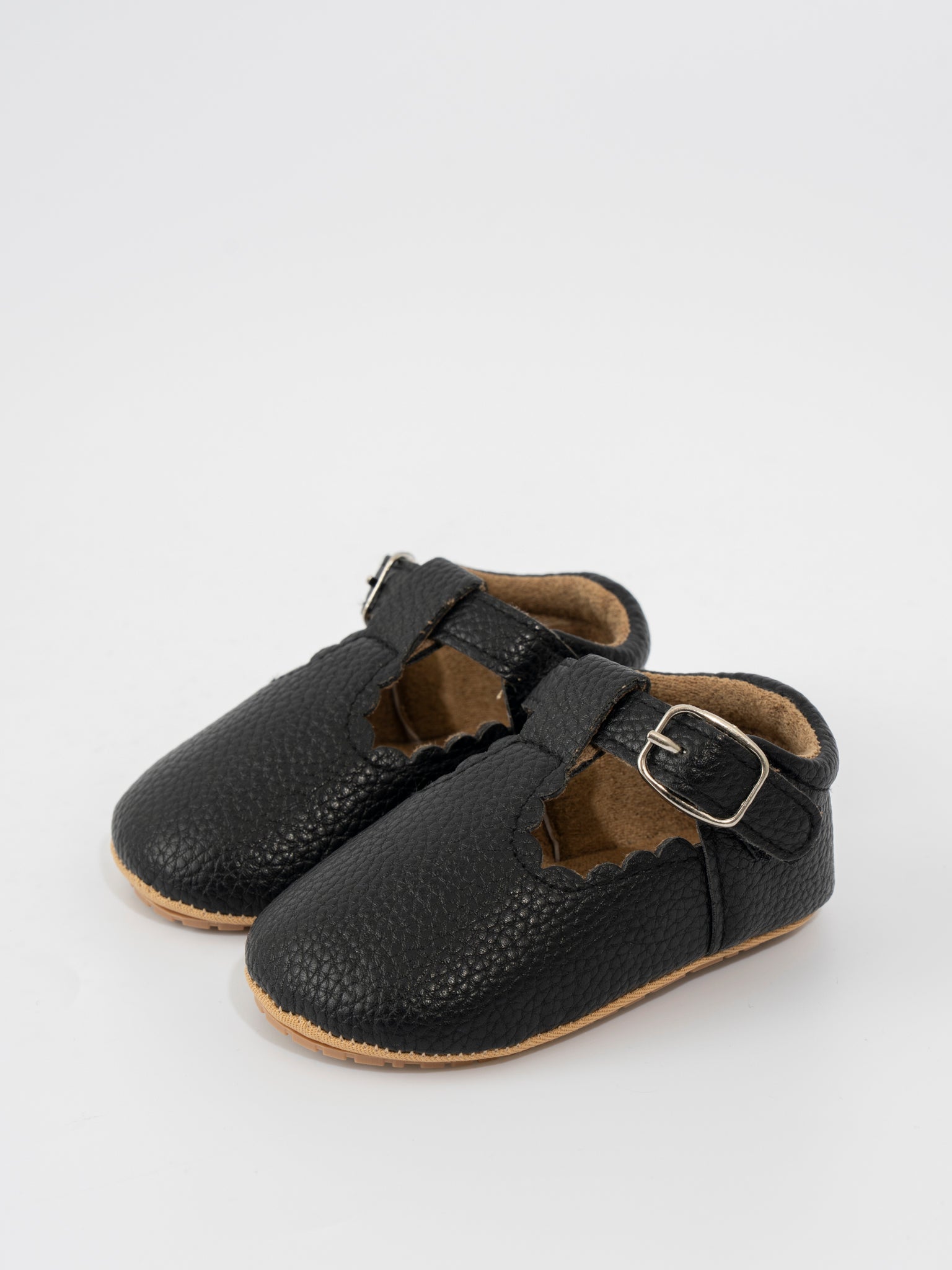 T - Strap Scalloped Buckle Shoes - Black - Marie Nicole Clothing