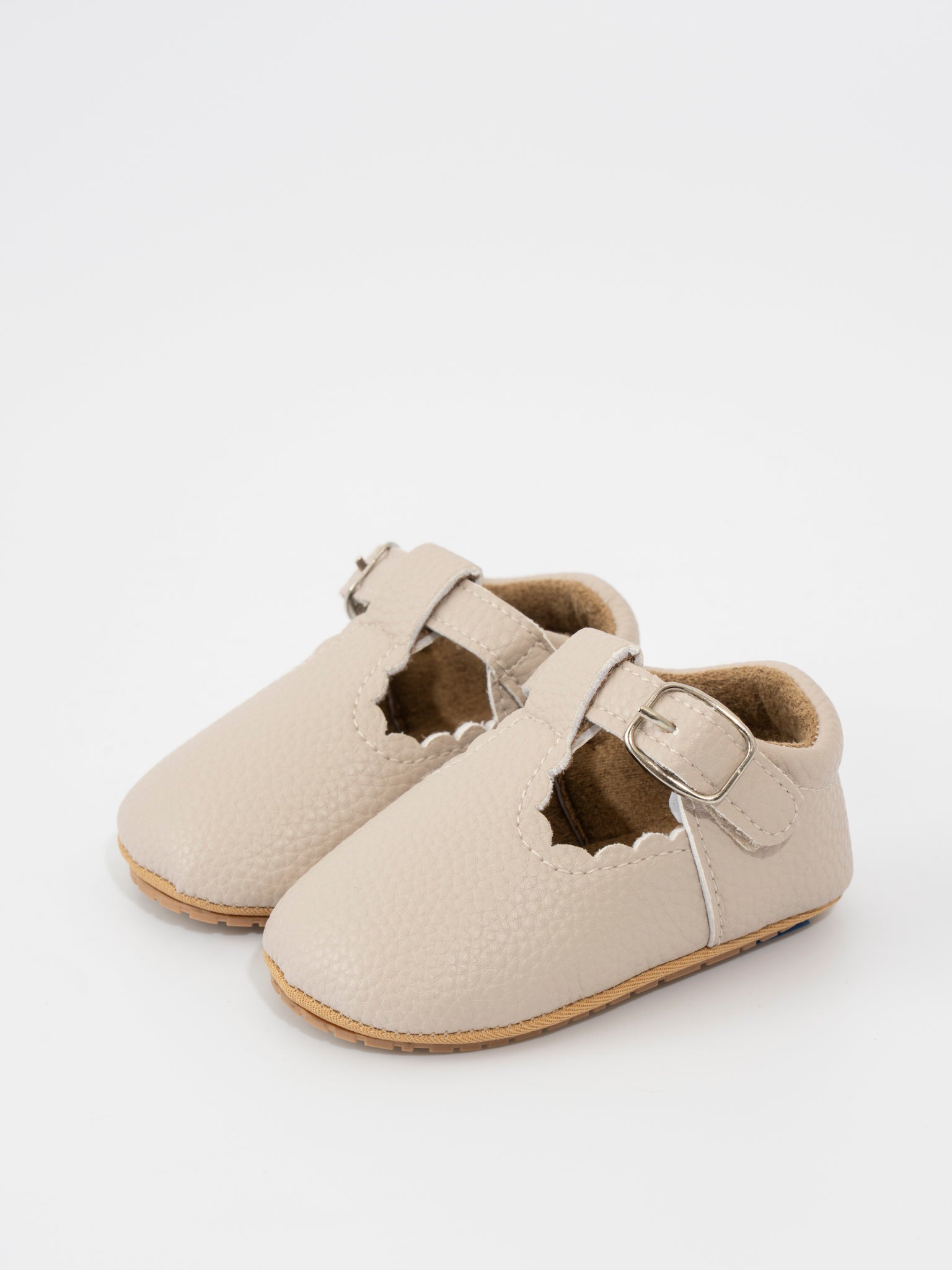T - Strap Scalloped Buckle Shoes - Oatmeal - Marie Nicole Clothing