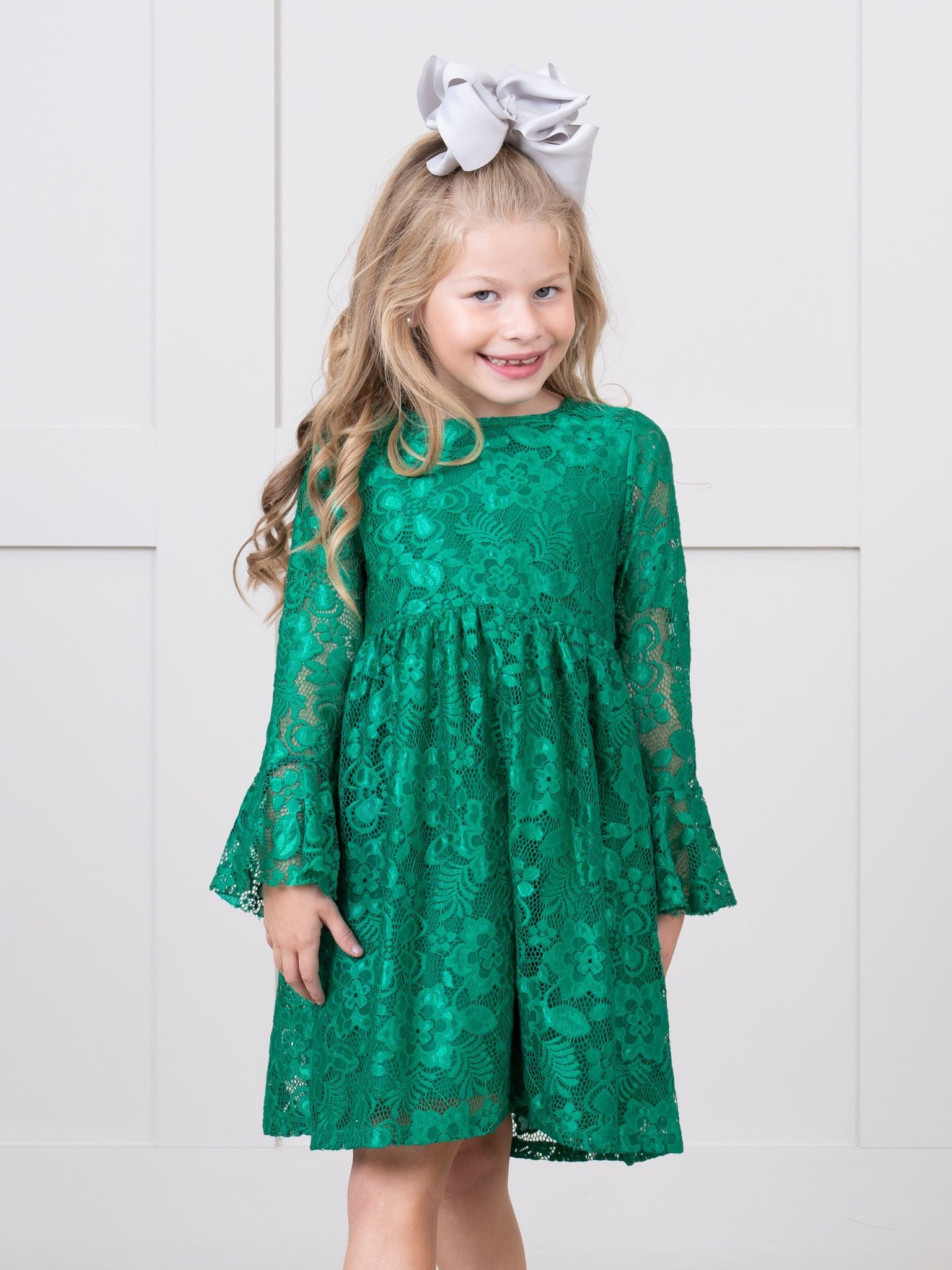Lace Bell Sleeve Dress - Green - Marie Nicole Clothing XS(18/24mos) Lace Bell Sleeve Dress - Green - Marie Nicole Clothing XS(18/24mos)