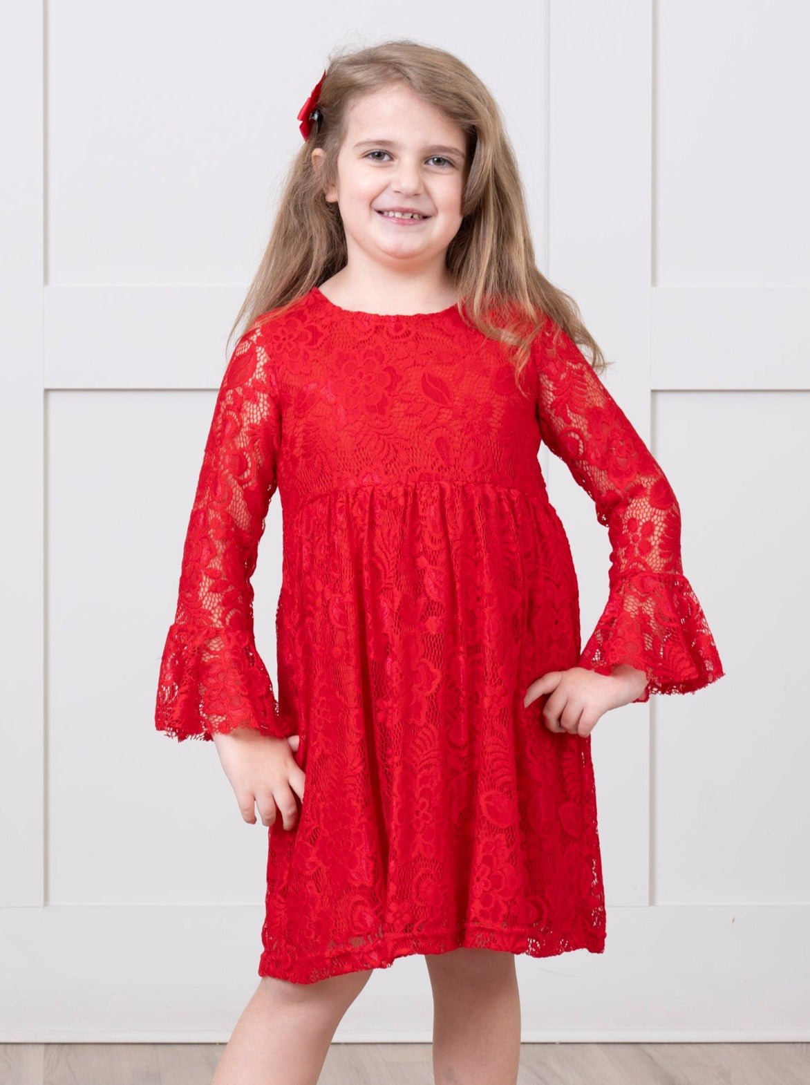 red lace bell sleeve dress Sevila Long Sleeve Mini Dress in Deep Red Lace