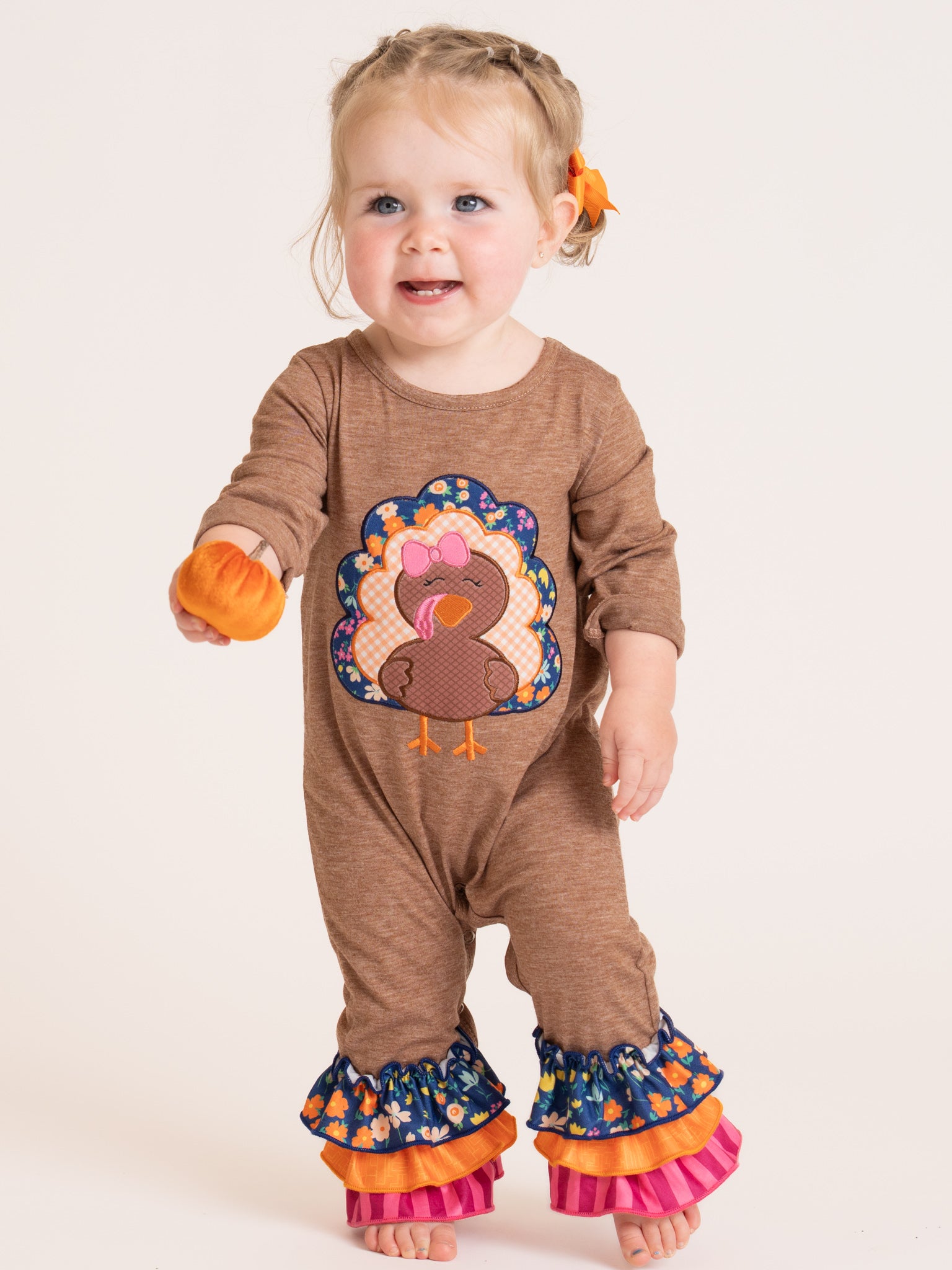 Tan & Pink Stripe Turkey Time Ruffle Romper - Marie Nicole Clothing