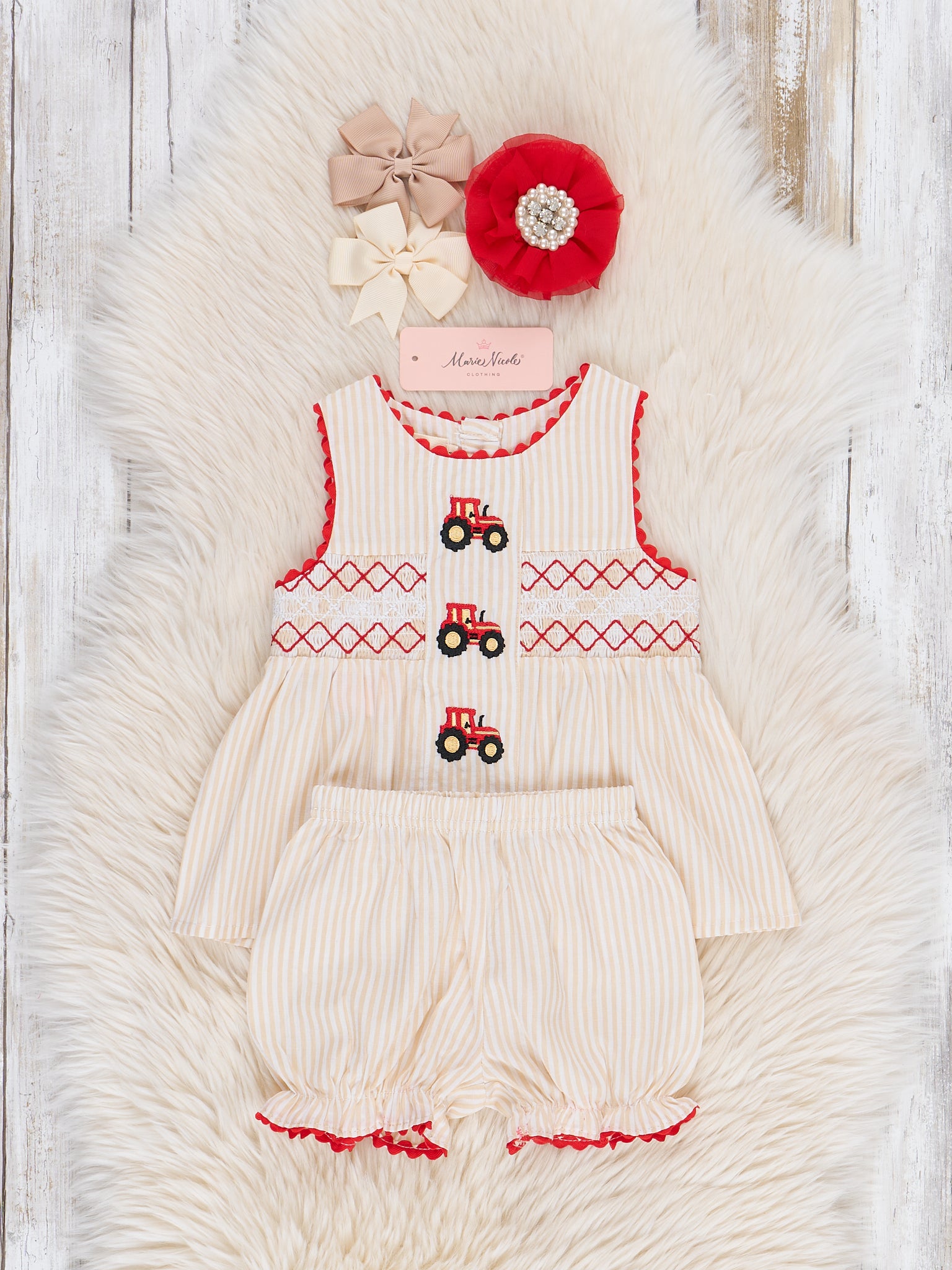 Embroidered Tractor Smocked 100% Cotton Bloomers Outfit - Marie Nicole Clothing